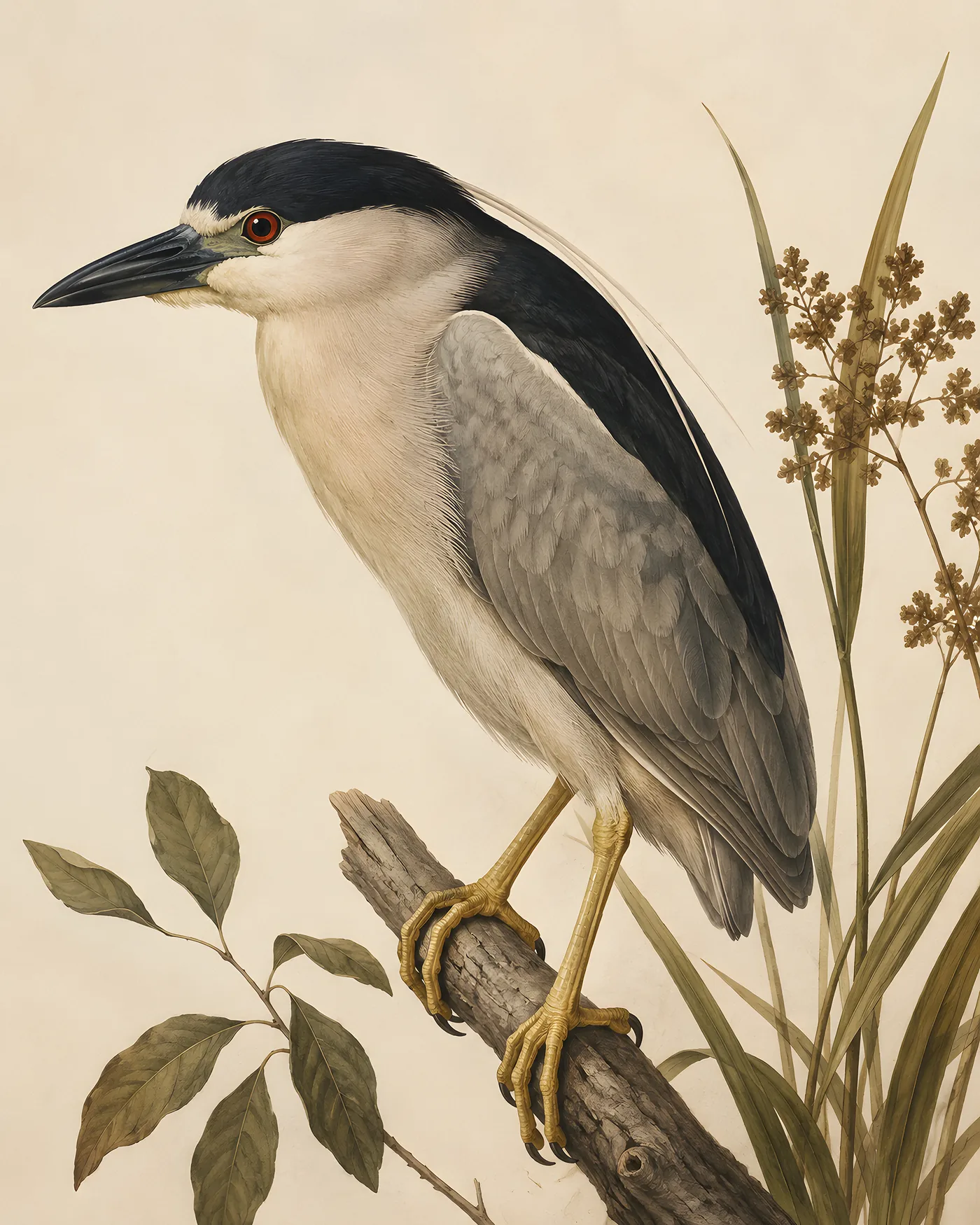 Fine-art Black Crowned Night Heron print in the Audubon style