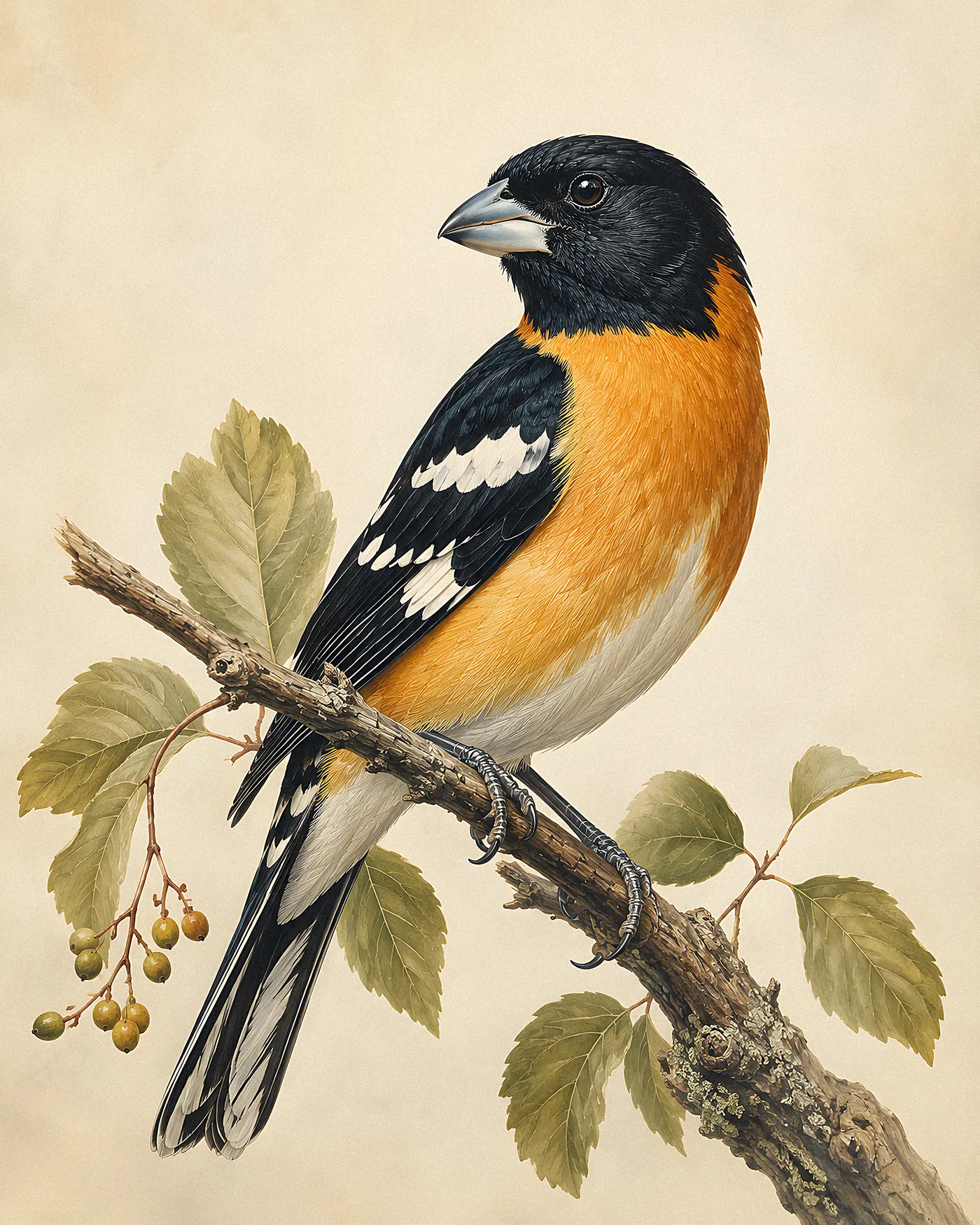Fine-art print of a male Black-headed Grosbeak in orange-cinnamon and black with white wing spots on a branch, Audubon style