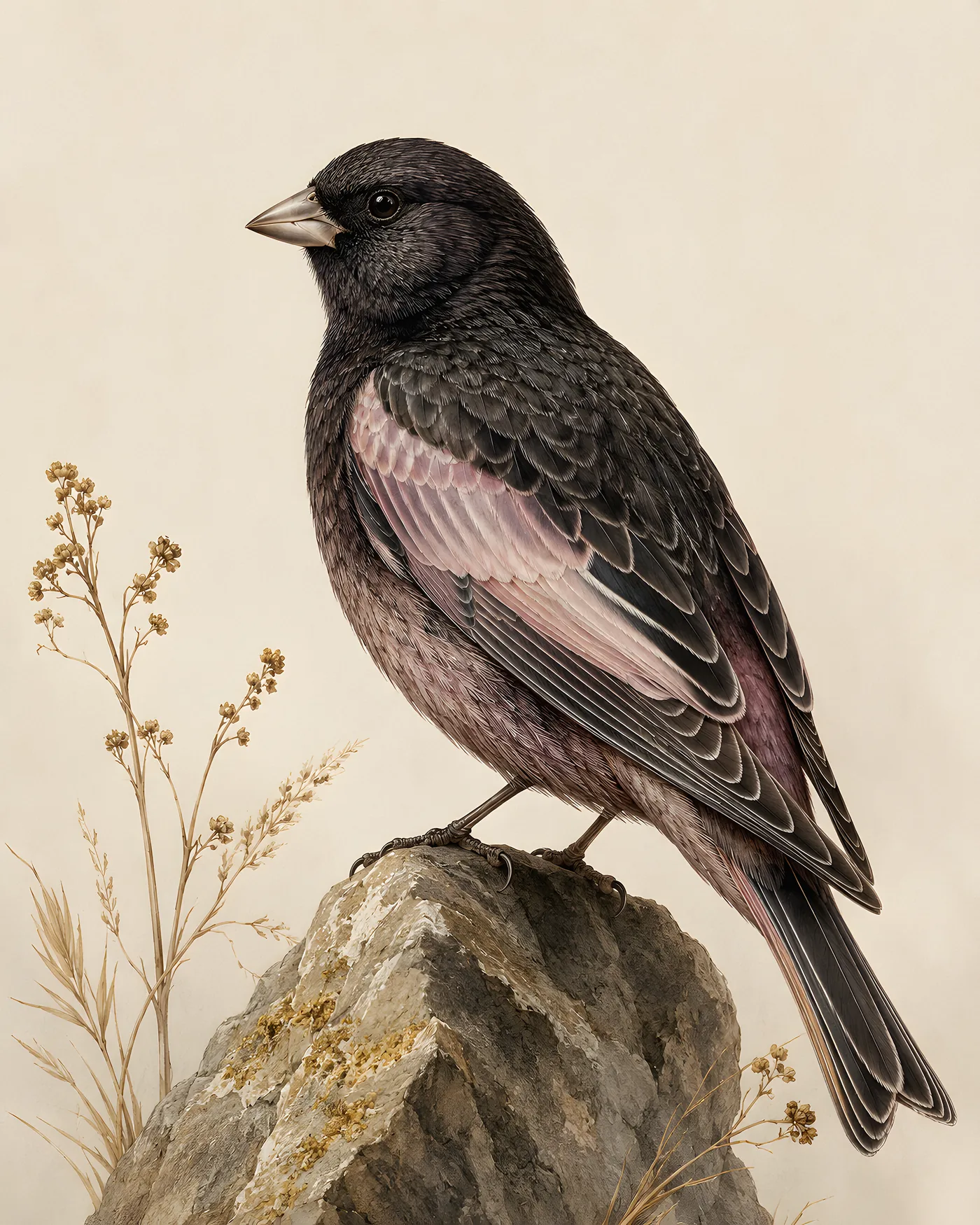 Fine-art Black Rosy Finch print in the Audubon style