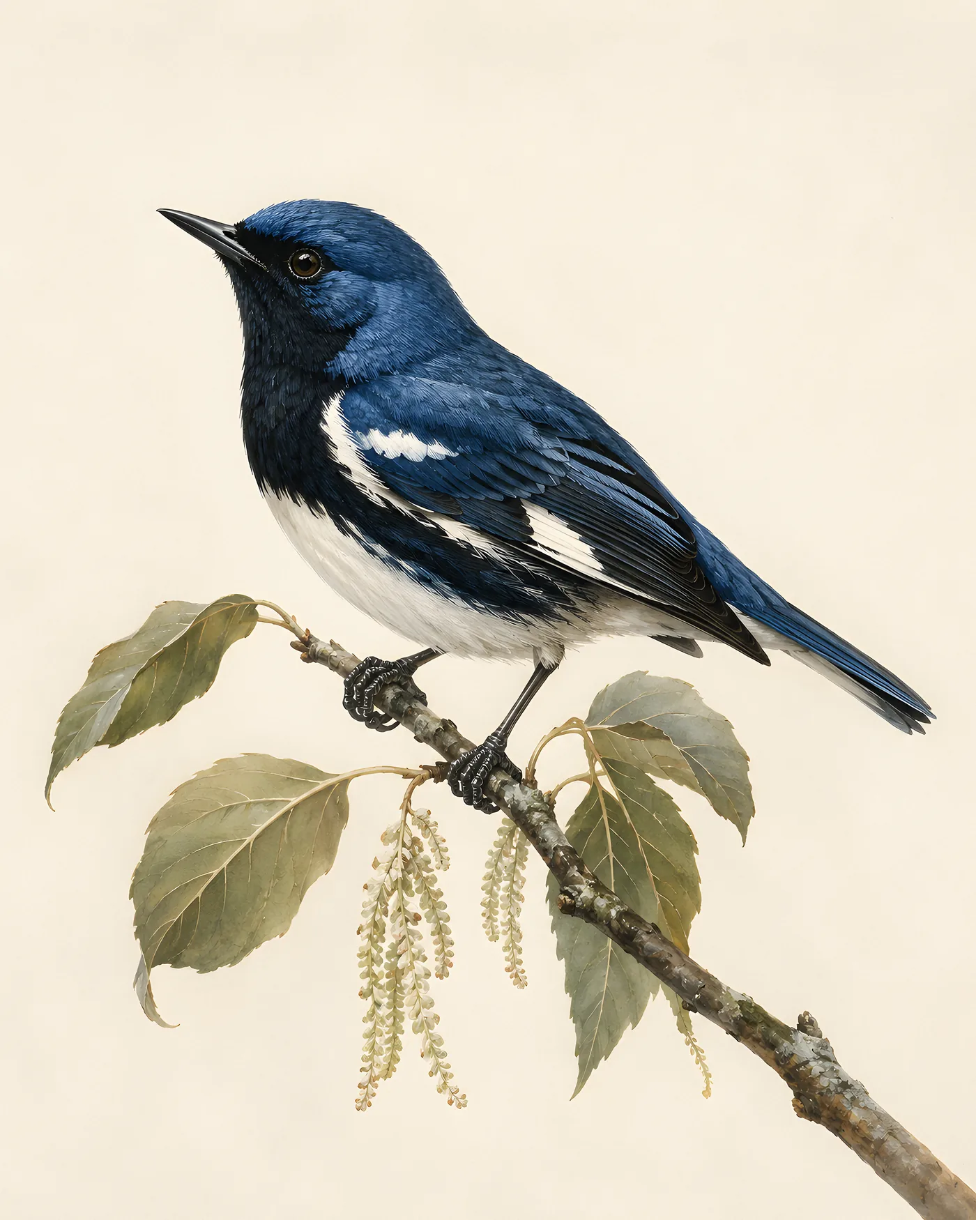 Fine-art Black-throated Blue Warbler print rendered in a contemporary Audubon-inspired natural-history style with a soft paper-grain finish