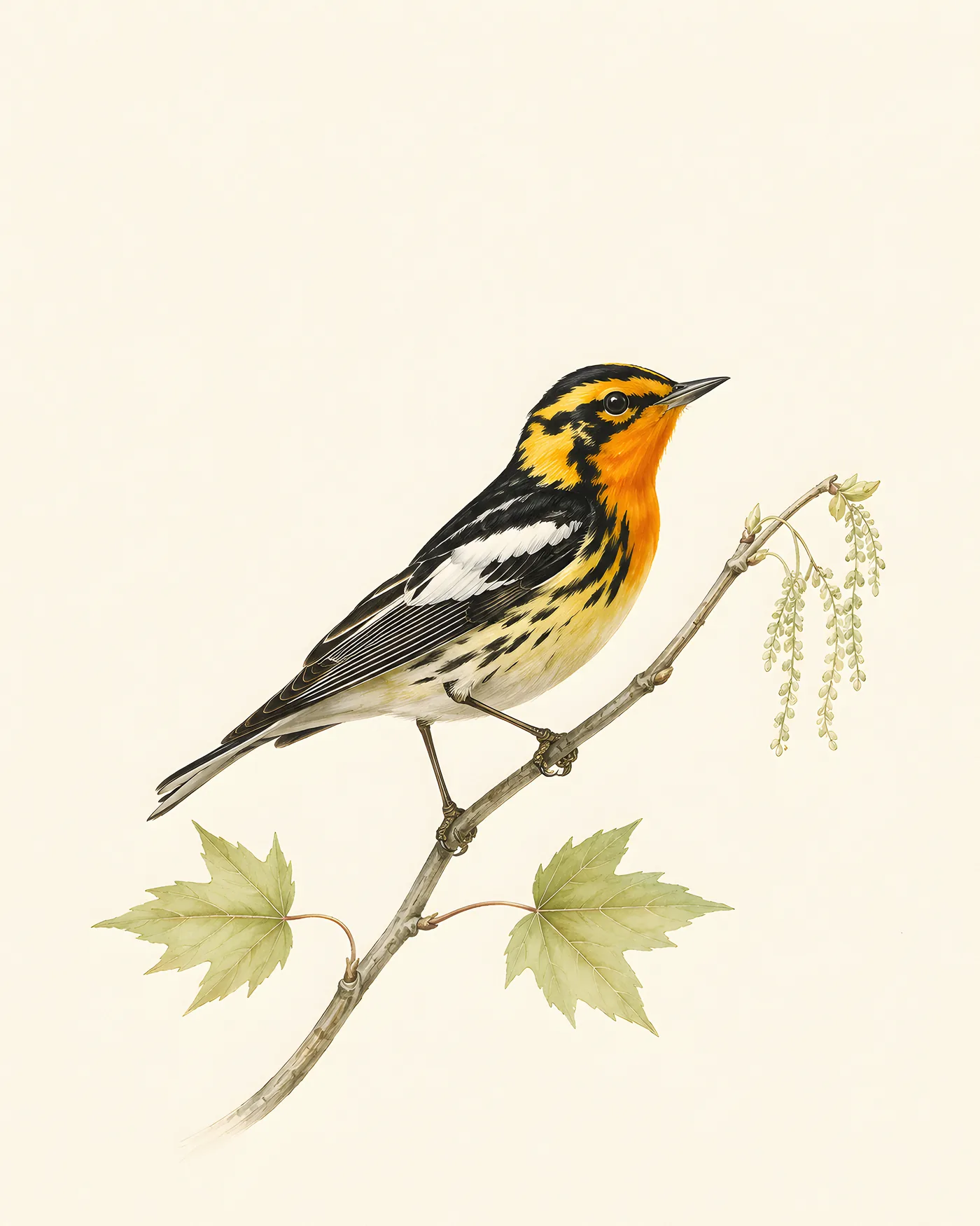 Fine-art Blackburnian Warbler print rendered in a contemporary Audubon-inspired natural-history style with a soft paper-grain finish