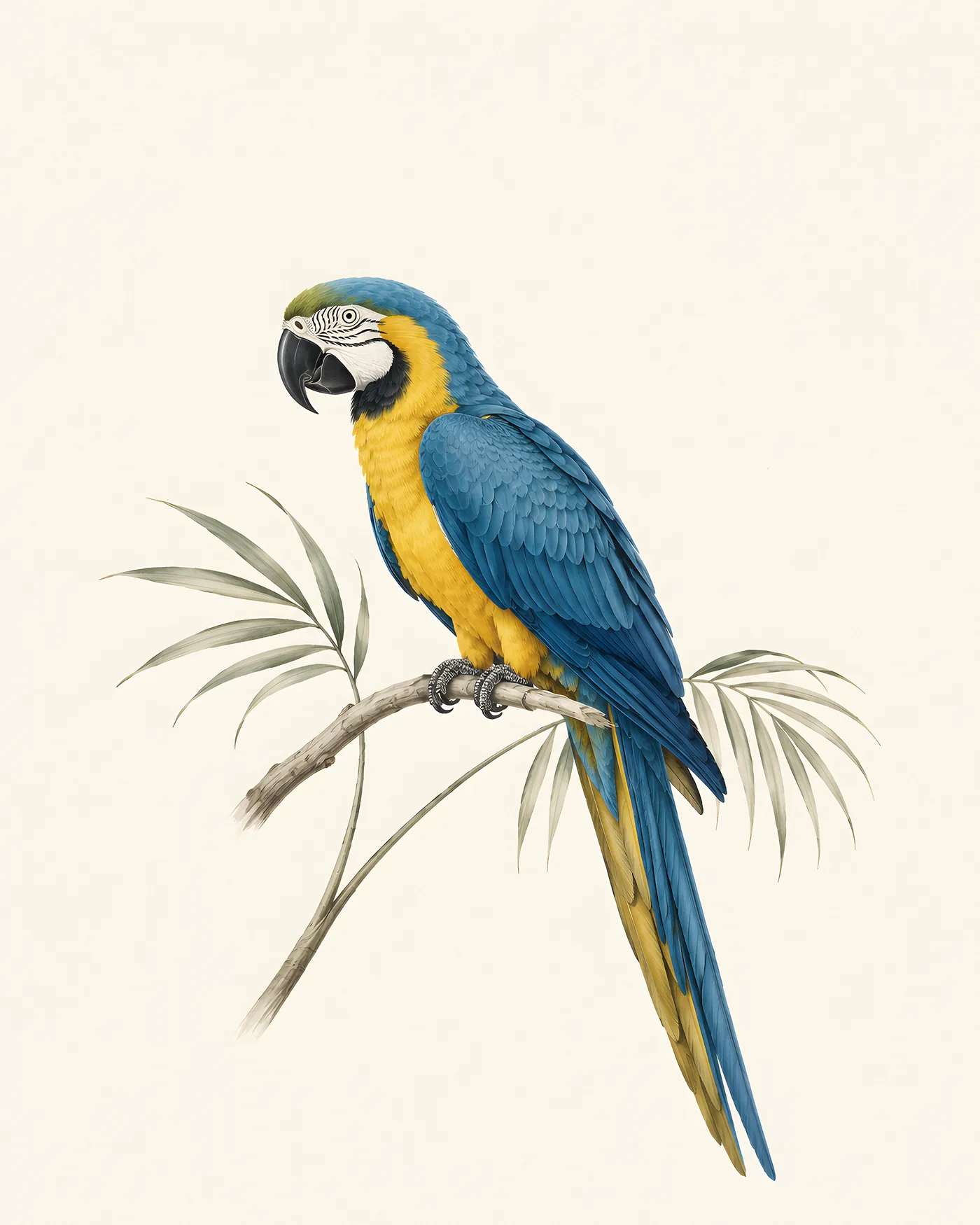 Fine-art print of a Blue-and-Gold Macaw perched on a branch, teal-blue back and golden-yellow underparts with the bare white face, in the Audubon style
