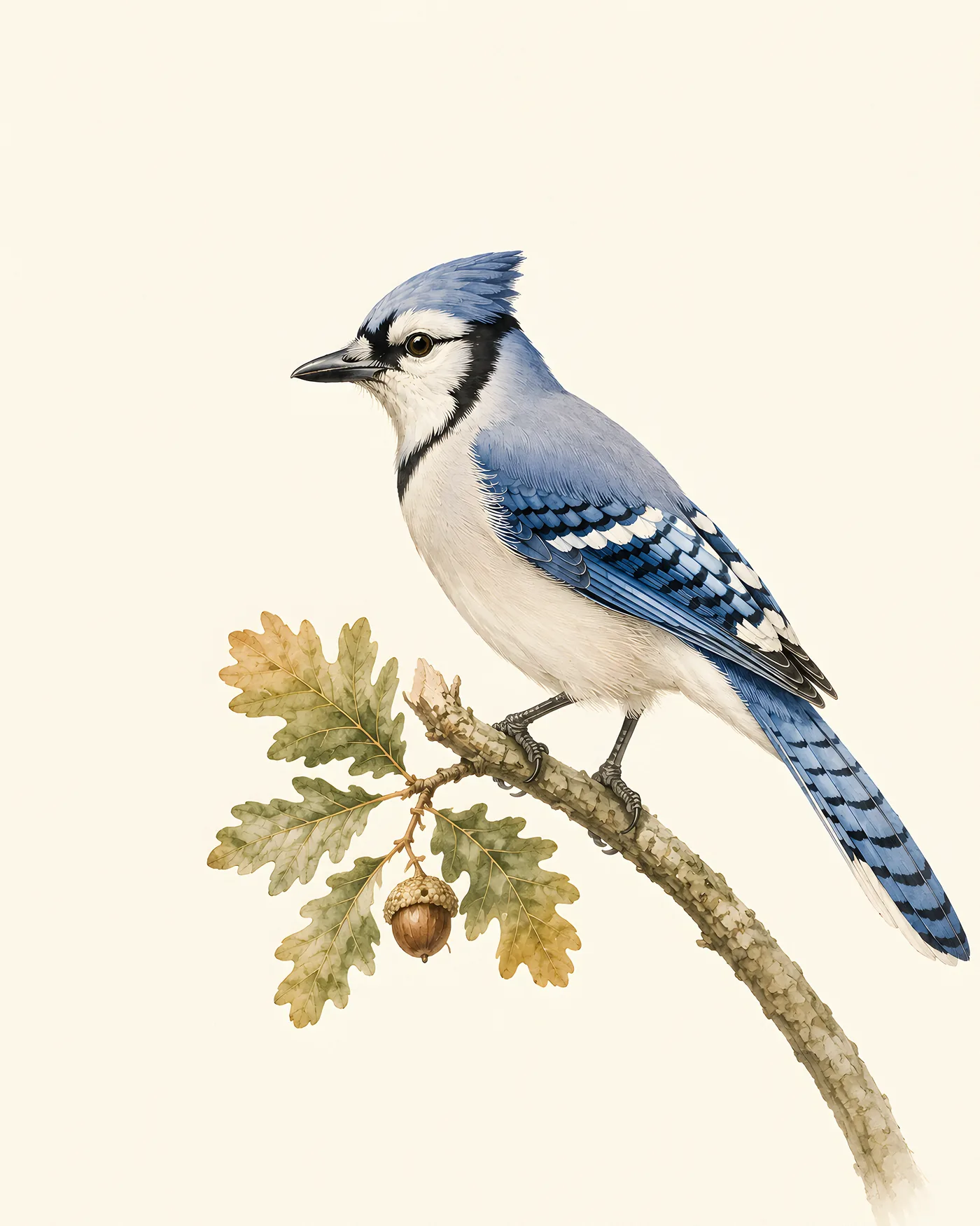 Blue Jay perched on an oak branch in autumn, acorn in beak, in the Audubon style