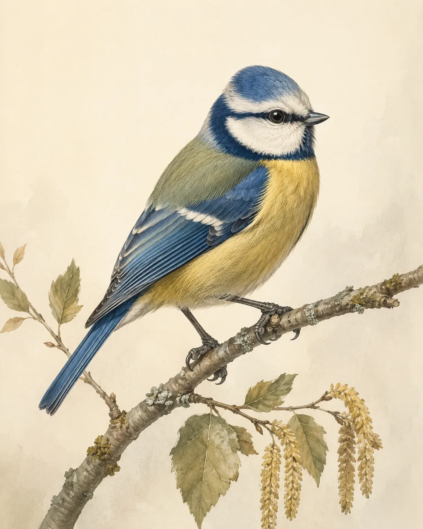 Blue Tit clinging to a branch tip, cap and wings vivid, in the Audubon style