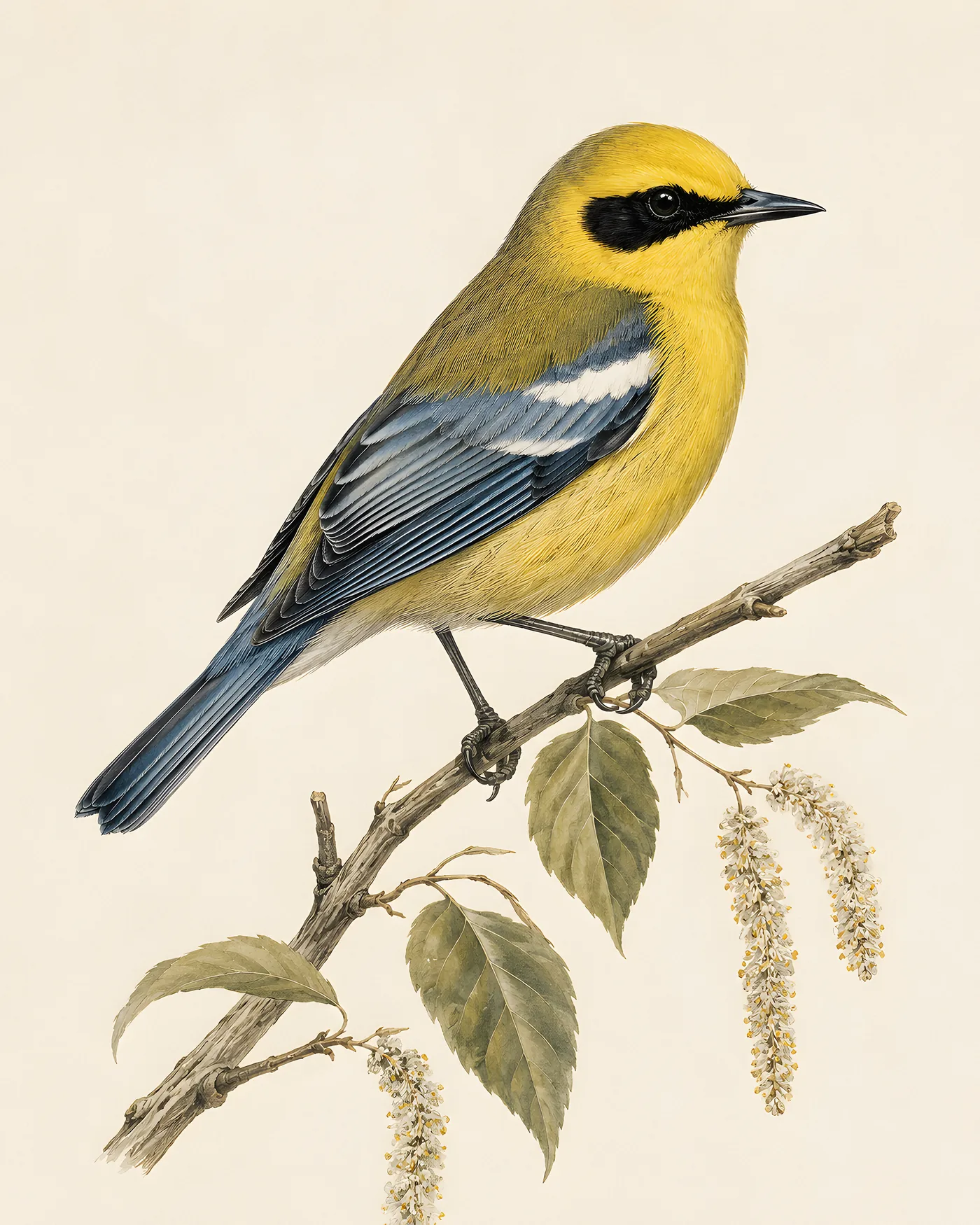 Fine-art Blue-winged Warbler print rendered in a contemporary Audubon-inspired natural-history style with a soft paper-grain finish