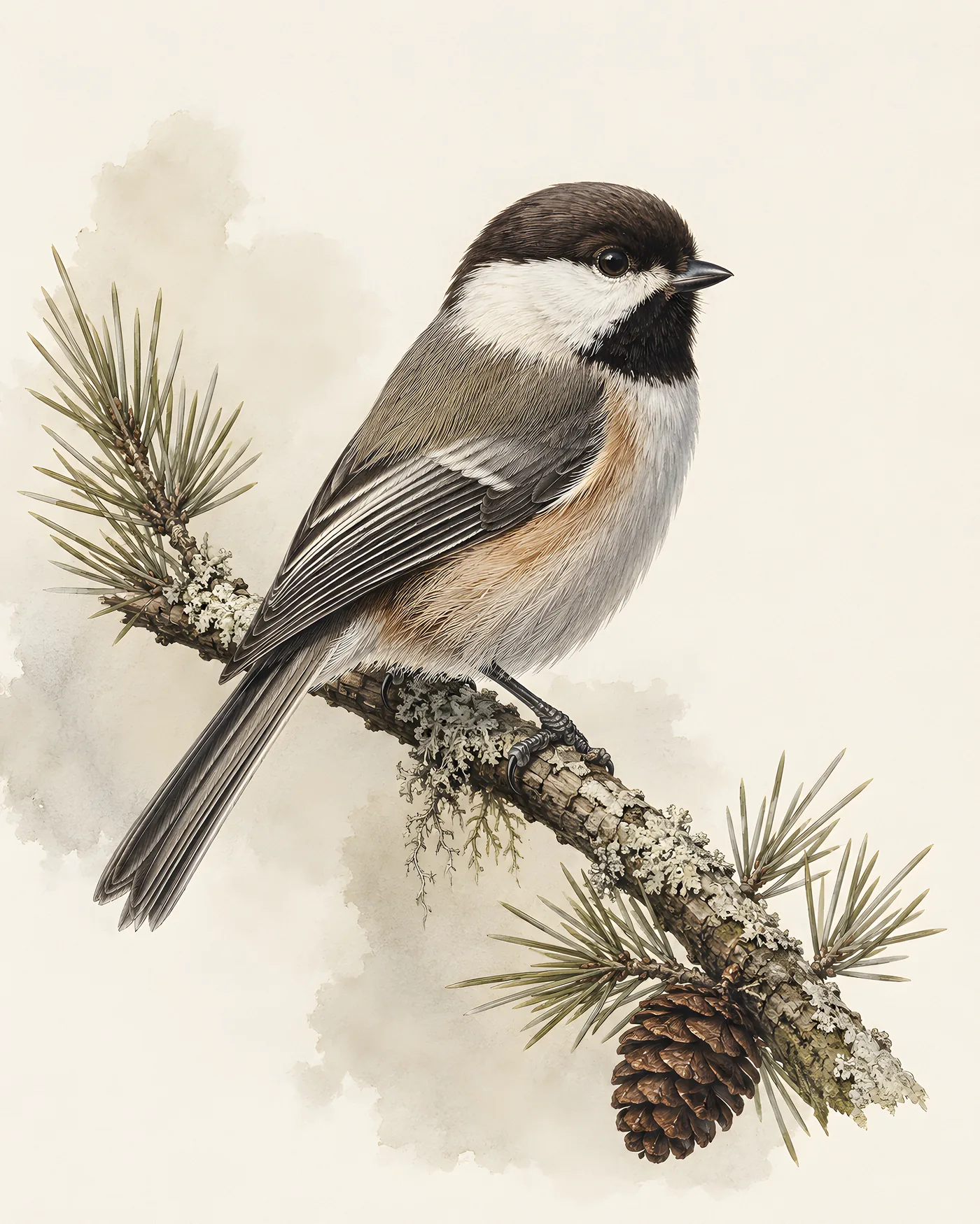 Fine-art Boreal Chickadee print in the Audubon style