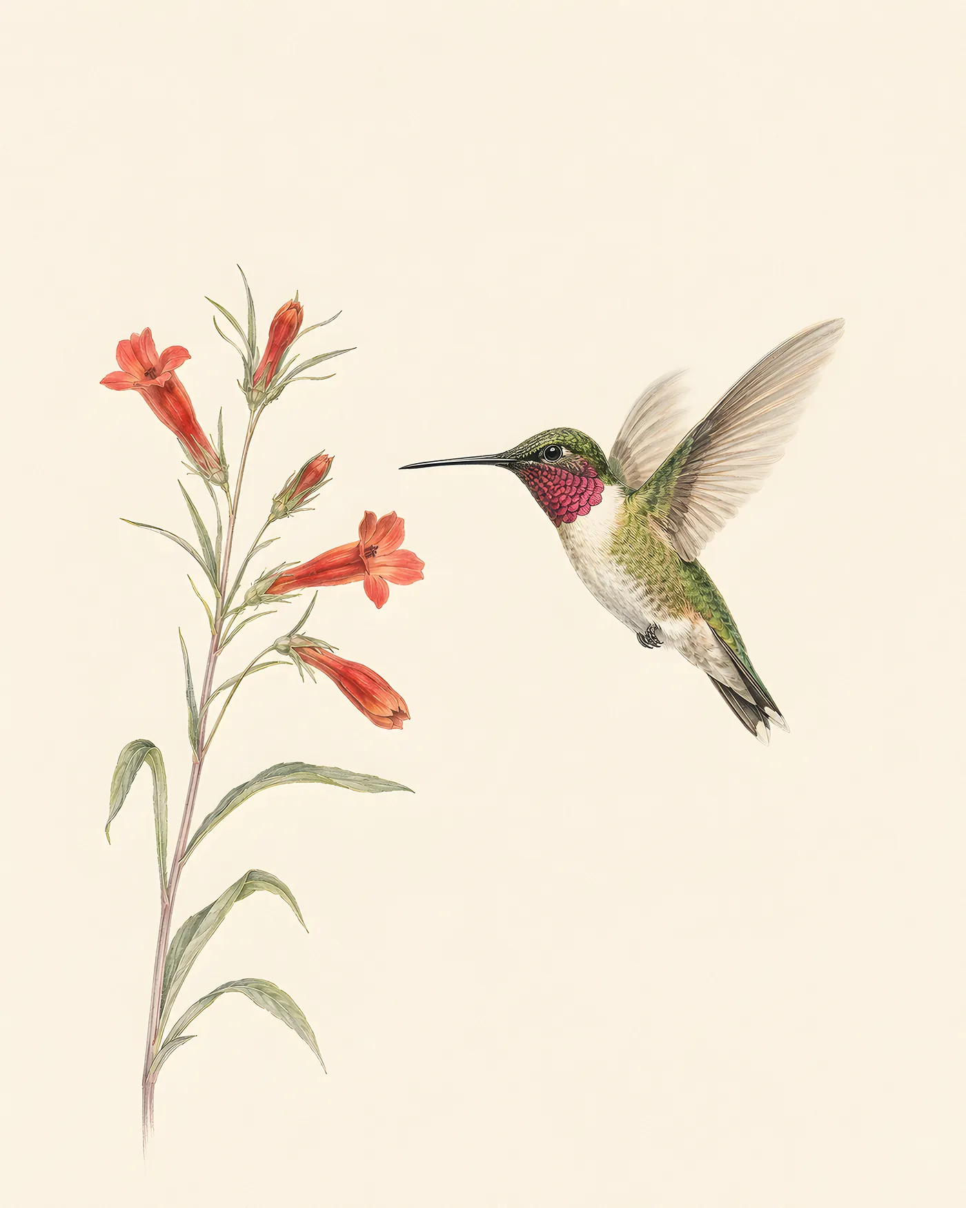 Fine-art print of a male Broad-tailed Hummingbird with rose-red gorget and iridescent green back hovering at a flower, Audubon style