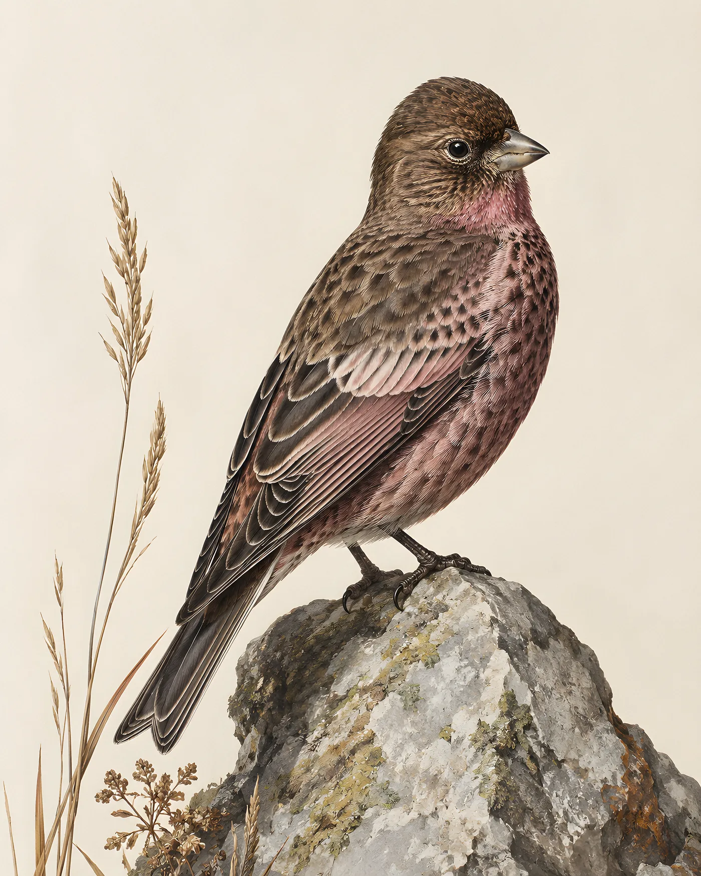 Fine-art Brown Capped Rosy Finch print in the Audubon style