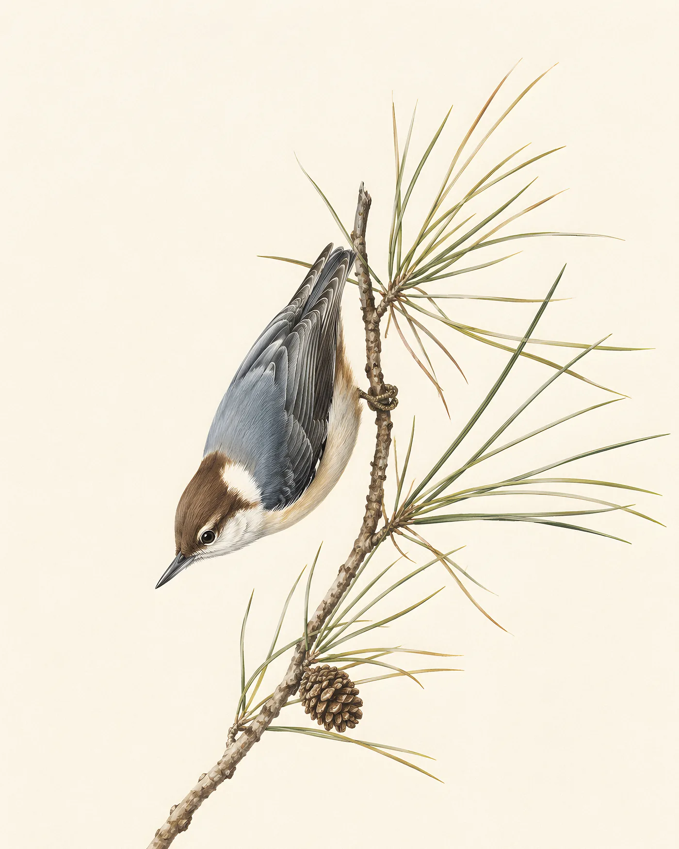 Fine-art Brown-headed Nuthatch print in the Audubon style