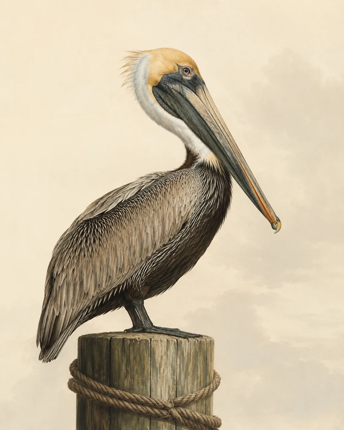Audubon-style fine-art print of a Brown Pelican perched on a weathered harbour piling