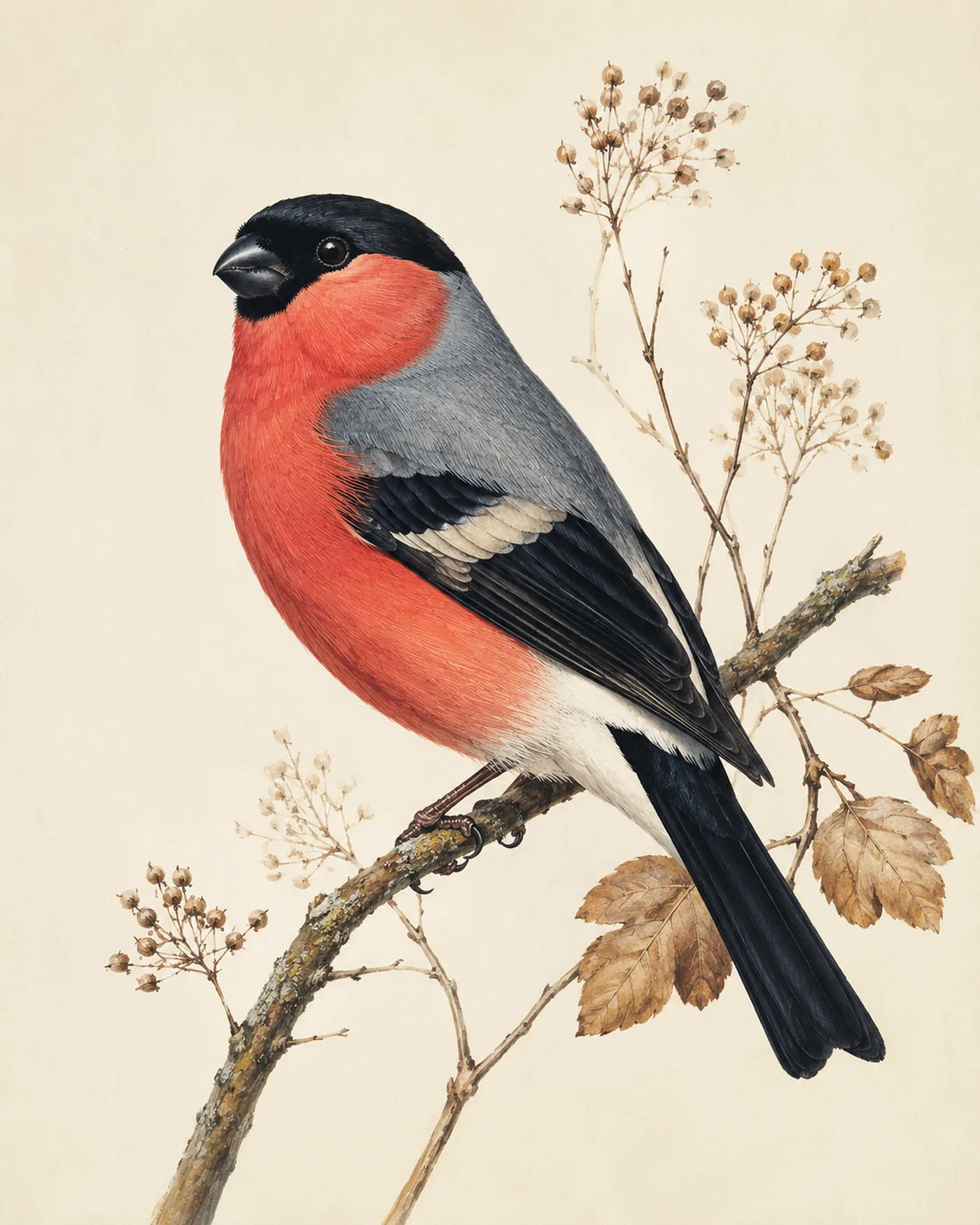 Bullfinch male on a fruiting branch, rose-red breast at full depth, in the Audubon style