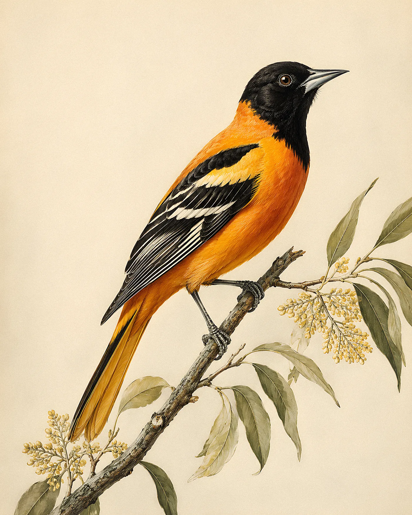 Fine-art print of a male Bullock's Oriole in brilliant orange and black with a white wing patch, Audubon style