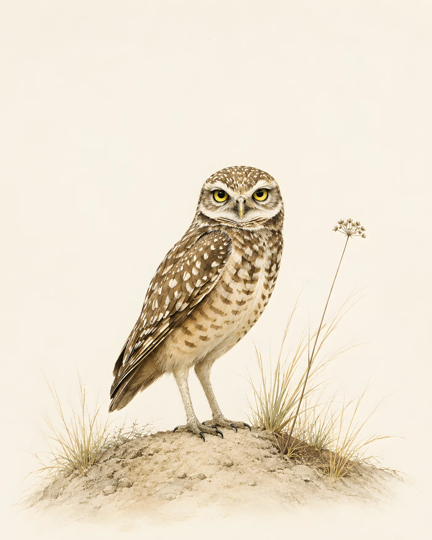 Fine-art Burrowing Owl print in the Audubon style
