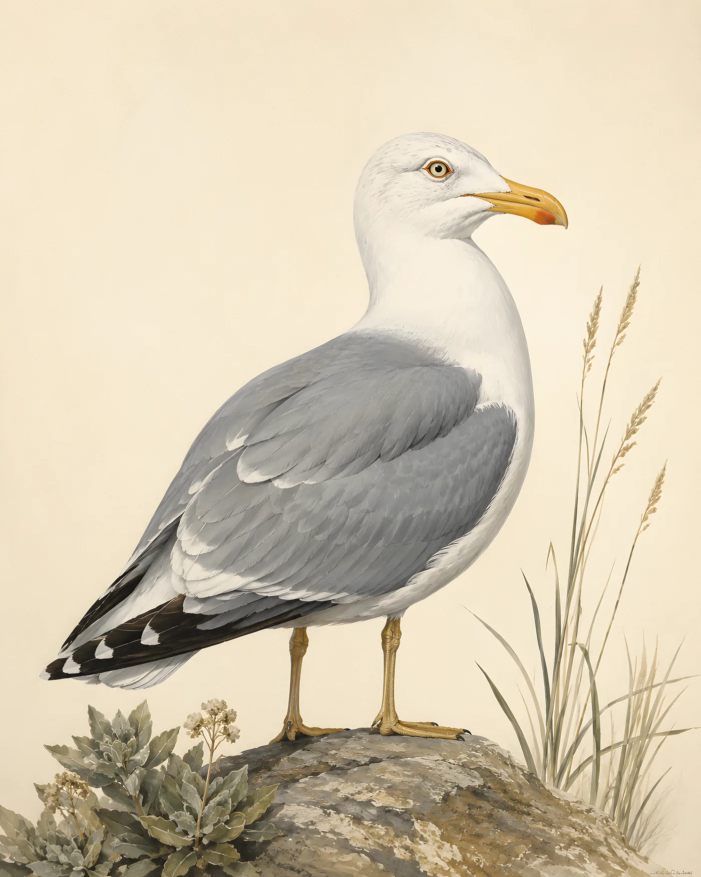 Fine-art California Gull print in a contemporary Audubon-inspired natural-history style