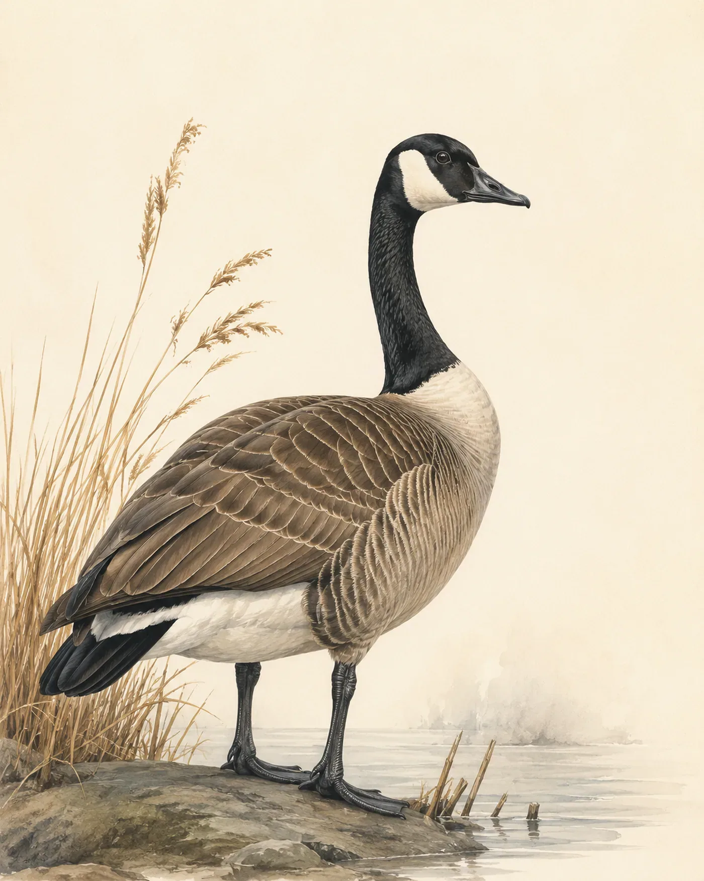 Canada Goose in upright alert posture, black neck and white chinstrap, in the Audubon style