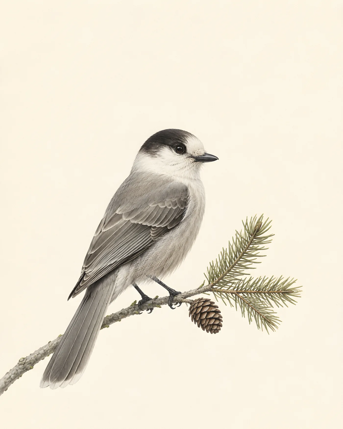 Canada Jay Print, soft grey and white boreal jay, in a contemporary Audubon-inspired natural-history style