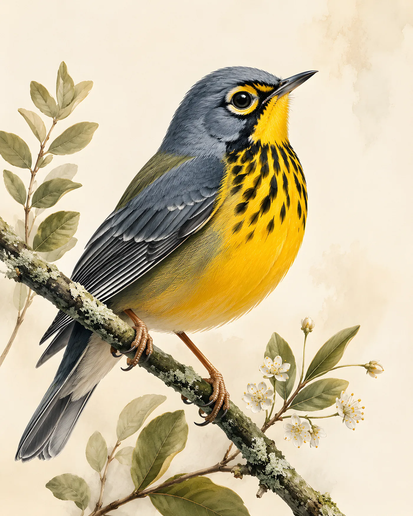 Fine-art Canada Warbler print rendered in a contemporary Audubon-inspired natural-history style with a soft paper-grain finish