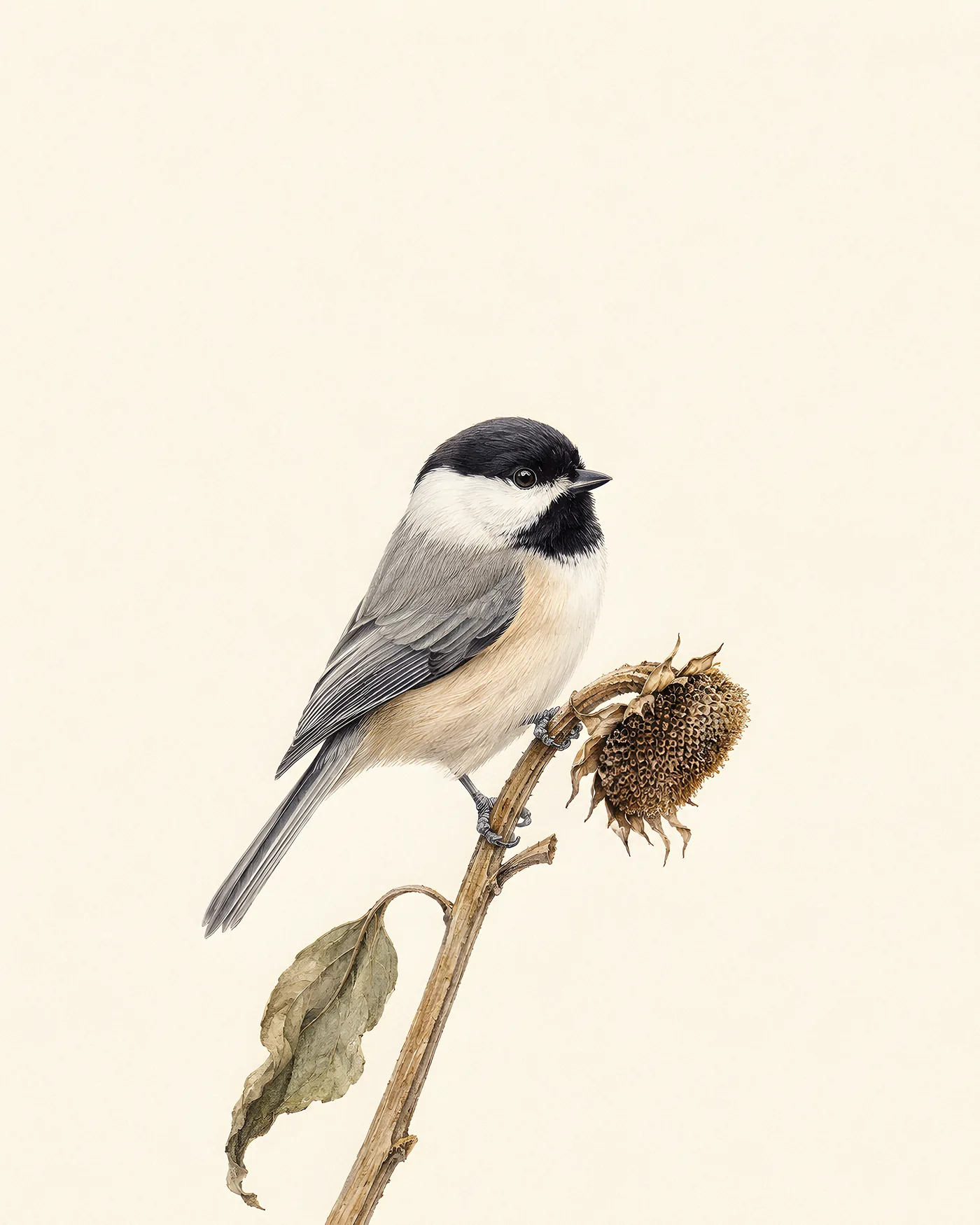 Audubon-style fine-art print of a Carolina Chickadee perched at a sunflower head