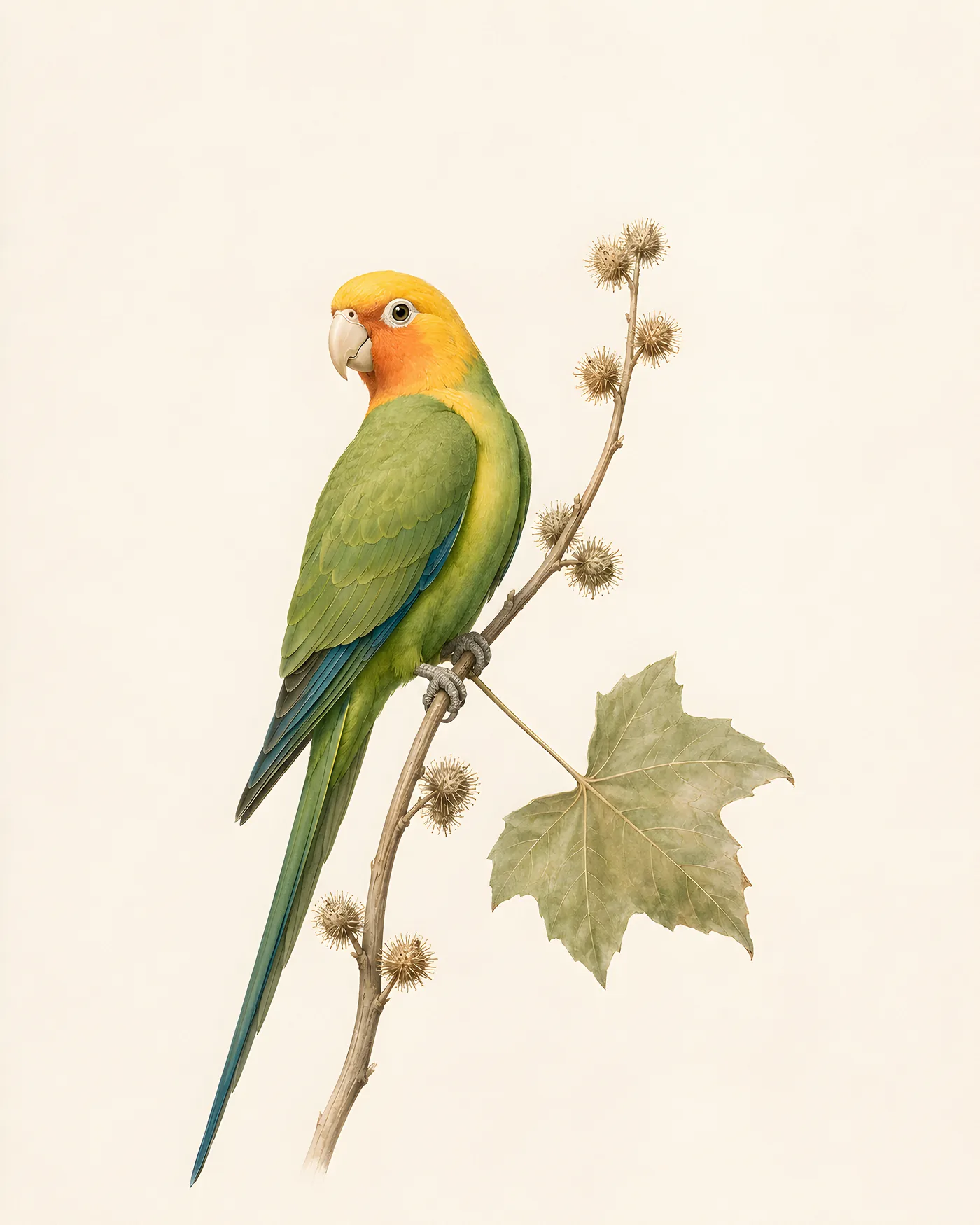 Fine-art plate of a Carolina Parakeet perched on cocklebur and sycamore, green body, golden head and orange face, in the Audubon style