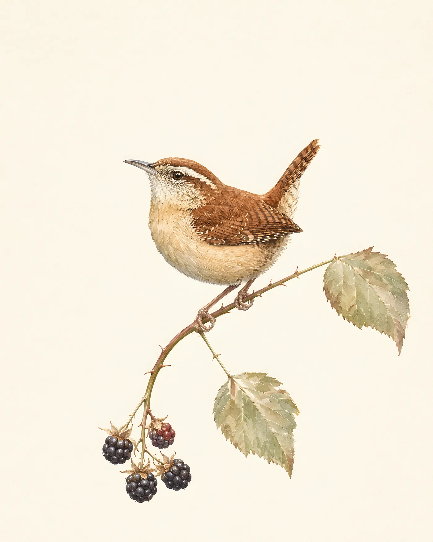 Carolina Wren perched upright, tail cocked, supercilium bright, in the Audubon style