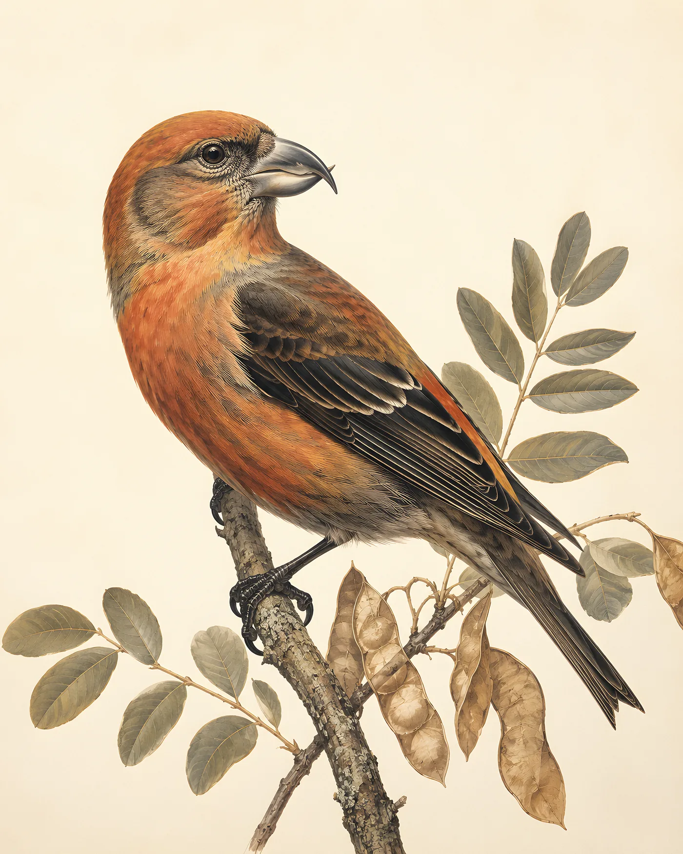 Fine-art Cassia Crossbill print in the Audubon style