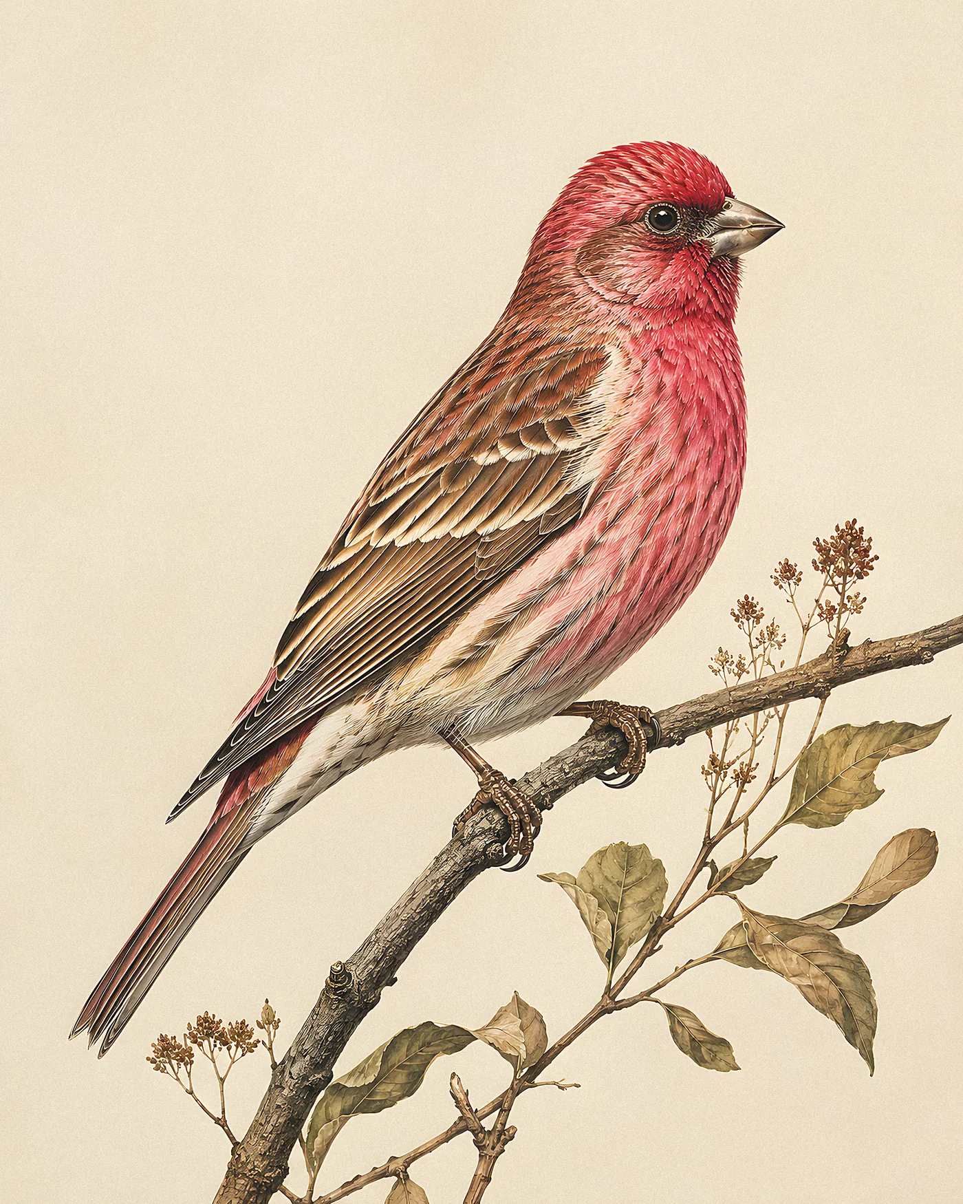 Fine-art print of a male Cassin's Finch with raspberry-red crown and pinkish upperparts perched in a conifer, Audubon style