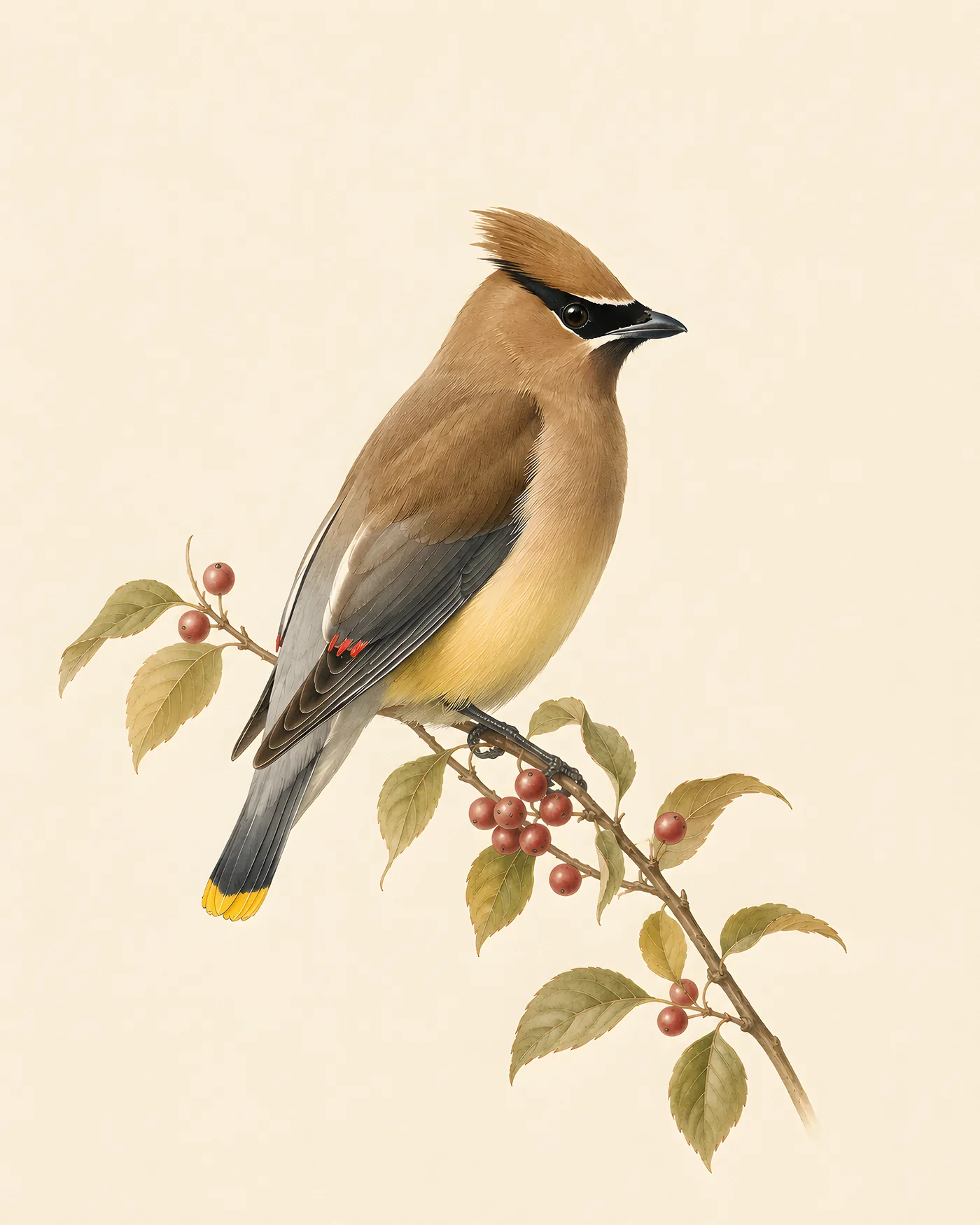 Audubon-style fine-art print of a Cedar Waxwing perched on a berry branch