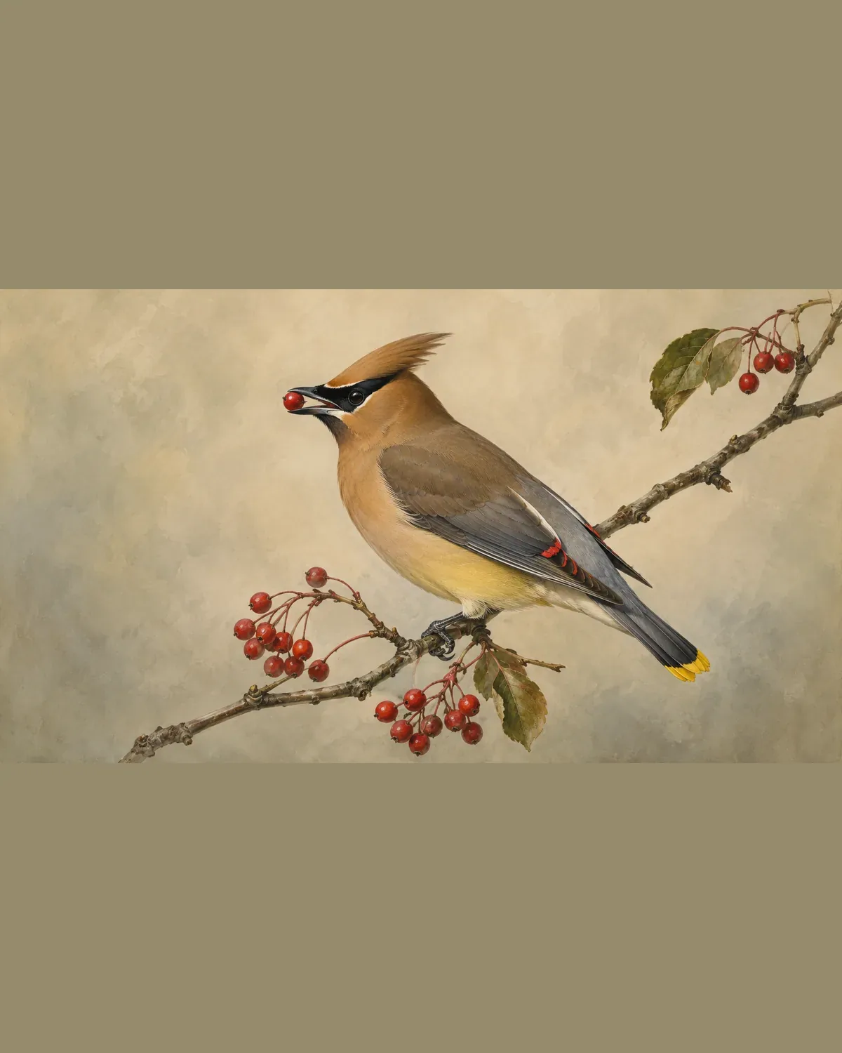 Fine-art plate of a Cedar Waxwing in the Audubon style, black mask, swept crest, pale yellow belly and yellow tail band