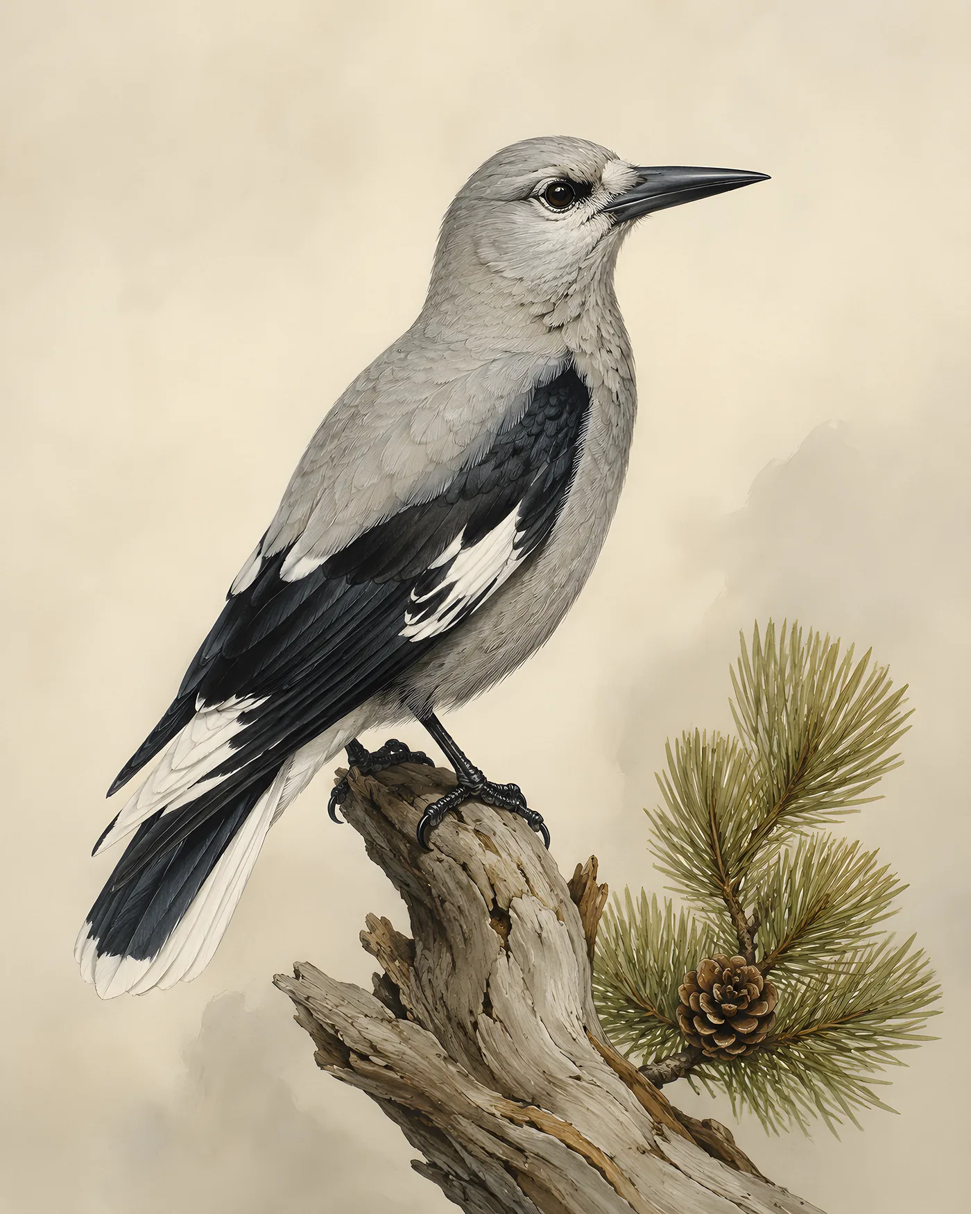 Clark's Nutcracker Print, soft grey body with black and white wings, in a contemporary Audubon-inspired natural-history style