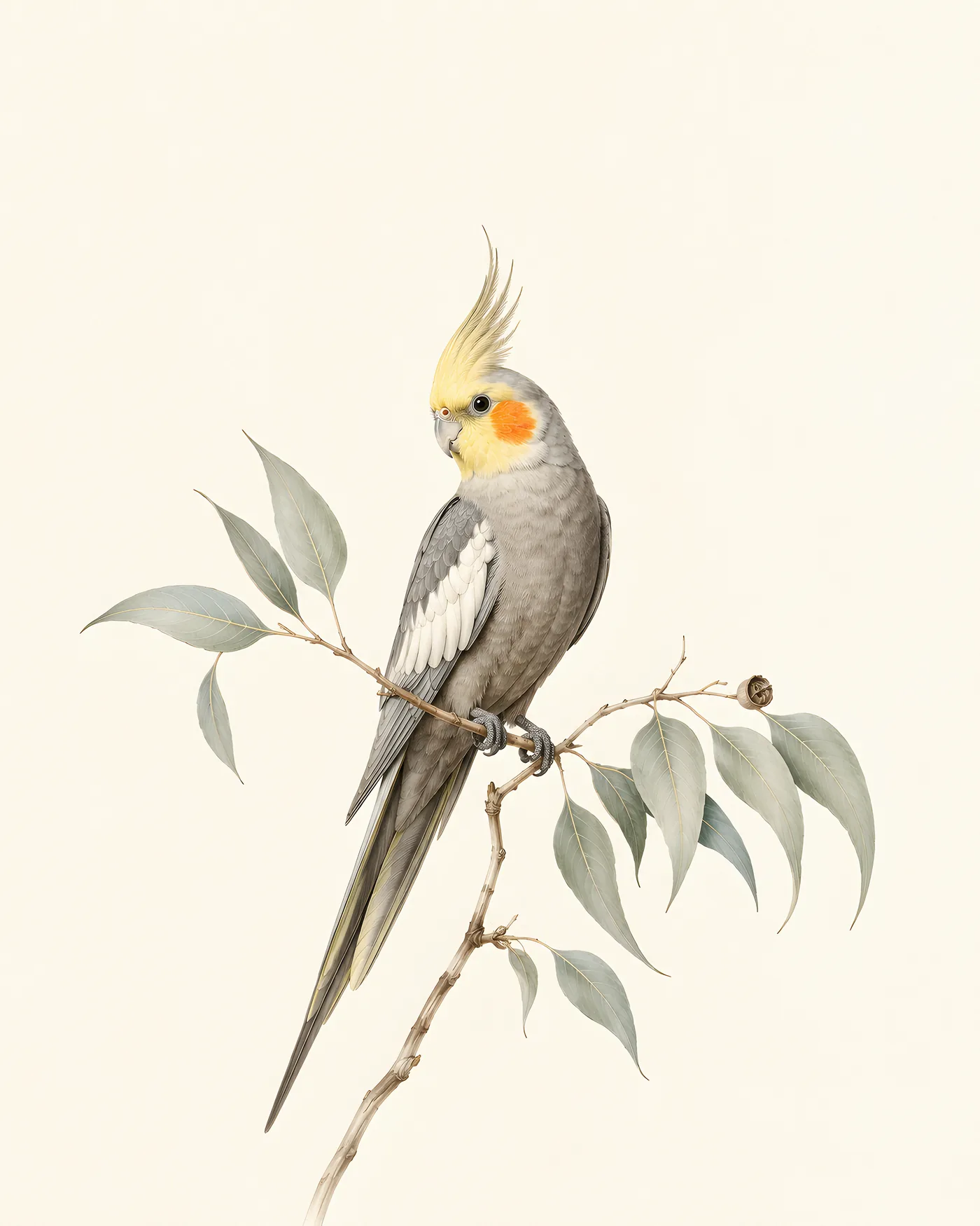 Male Cockatiel perched on a eucalyptus twig with grey body, yellow face, orange cheek patch and long tail.