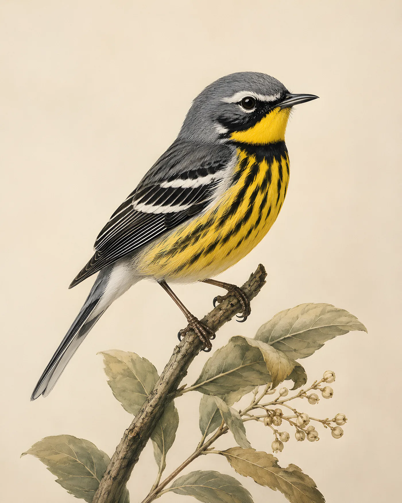Fine-art Colima Warbler print rendered in a contemporary Audubon-inspired natural-history style with a soft paper-grain finish