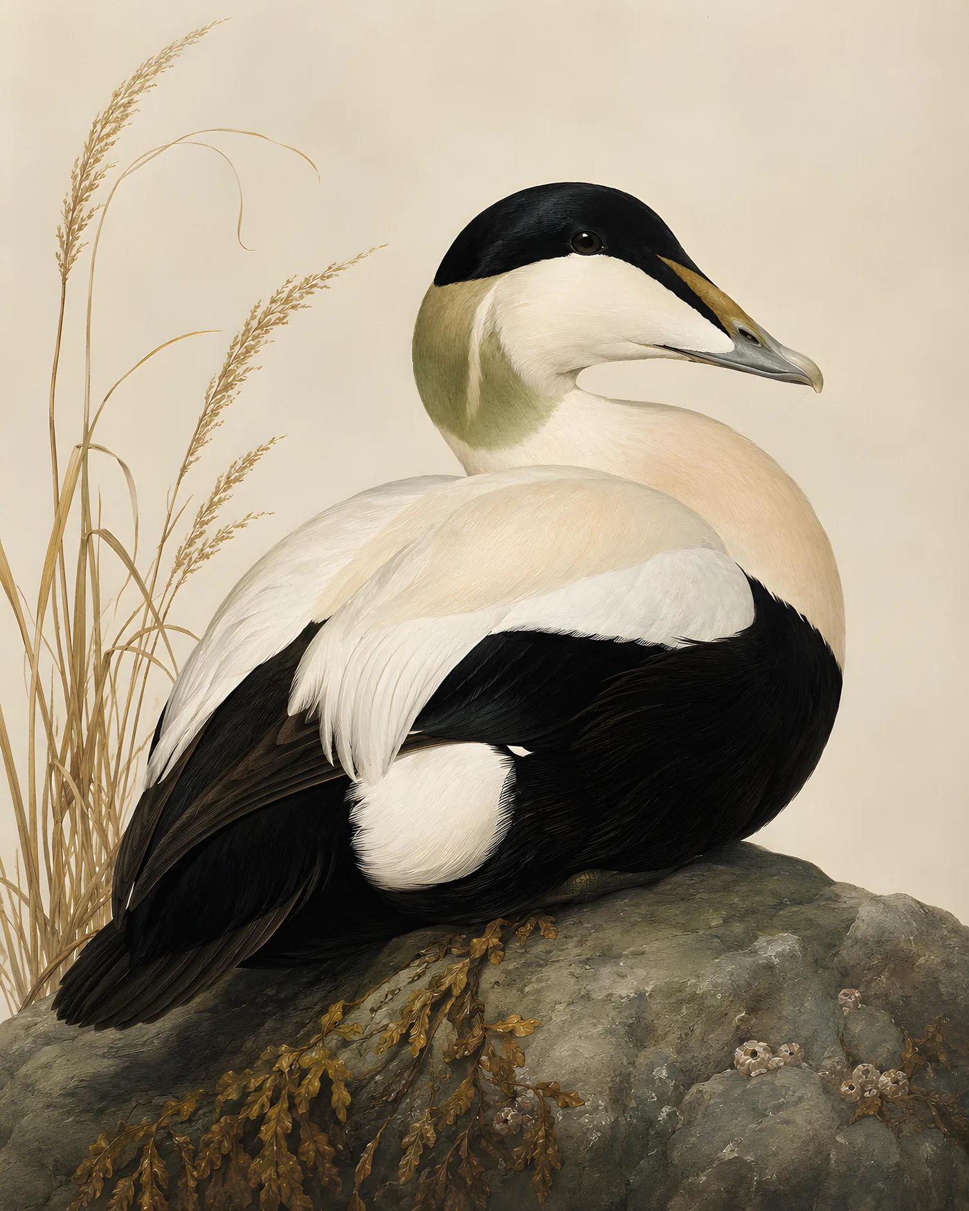 Fine-art Common Eider print in the Audubon style