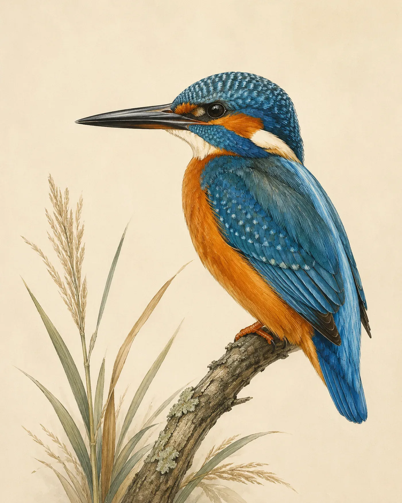 Common Kingfisher perched above water, electric blue and orange, in the Audubon style