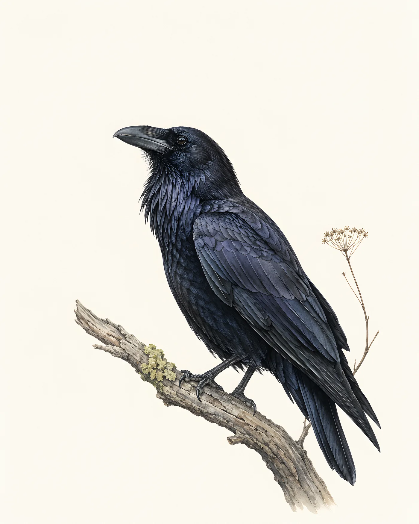 Common Raven Print, glossy black corvid, in a contemporary Audubon-inspired natural-history style