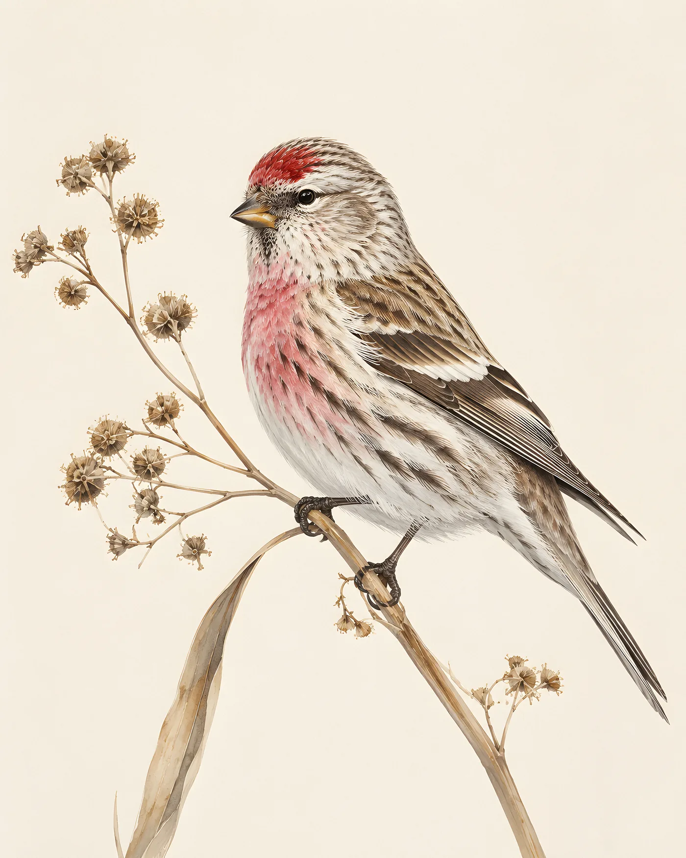 Fine-art print of a Common Redpoll, streaky brown finch with a bright red forecap and pink-flushed breast, perched on a dried seed-head, in the Audubon style