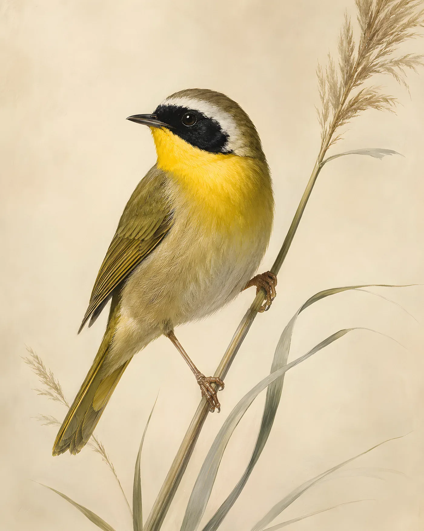 Fine-art Common Yellowthroat print rendered in a contemporary Audubon-inspired natural-history style with a soft paper-grain finish