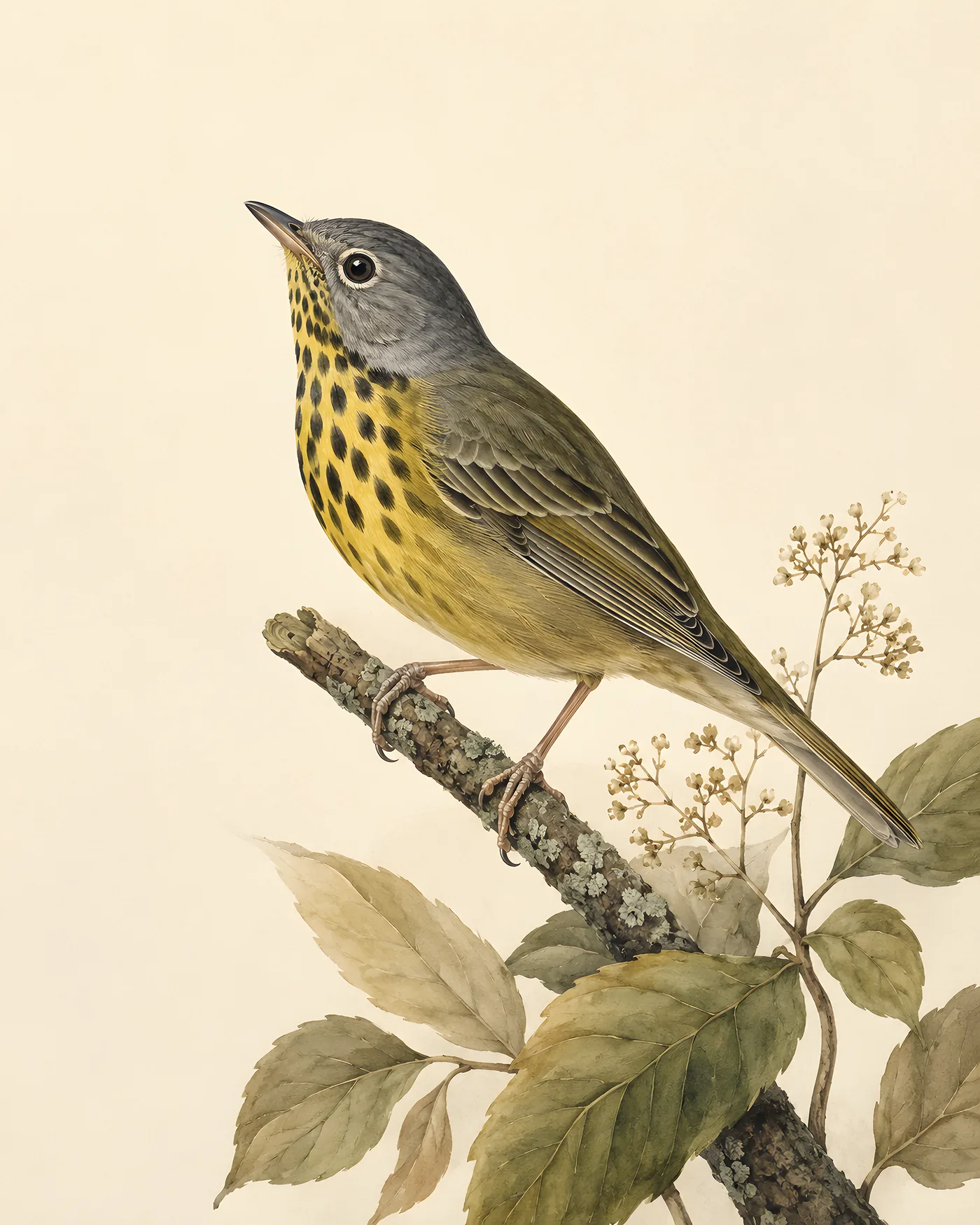 Fine-art Connecticut Warbler print rendered in a contemporary Audubon-inspired natural-history style with a soft paper-grain finish