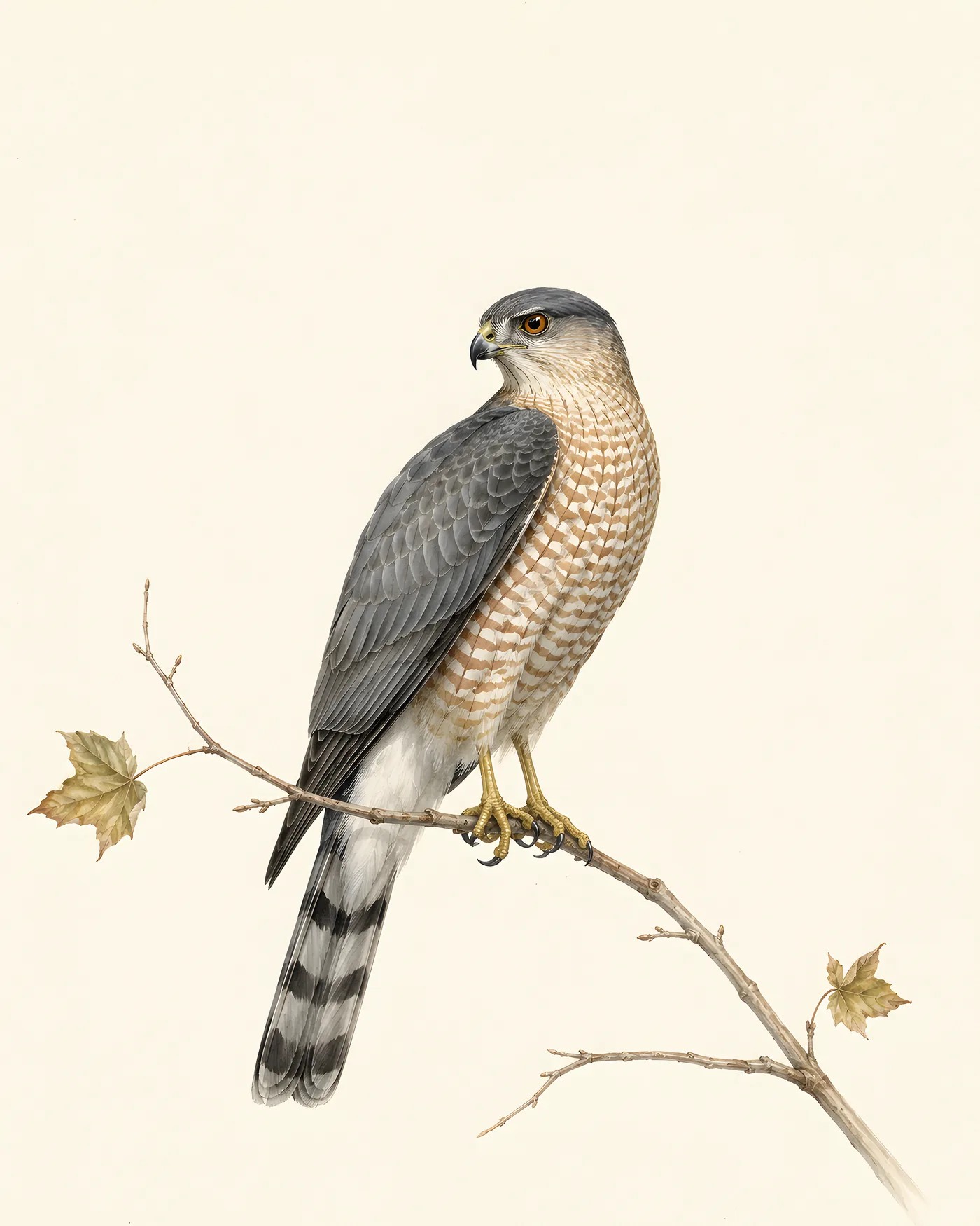Cooper's Hawk perched on a bare branch, barred breast visible, in the Audubon style