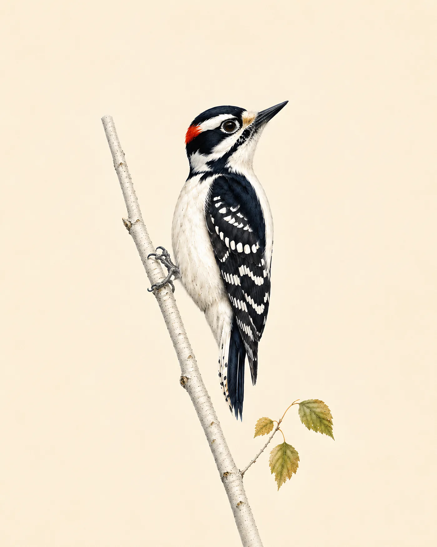 Audubon-style fine-art print of a Downy Woodpecker clinging to a birch trunk