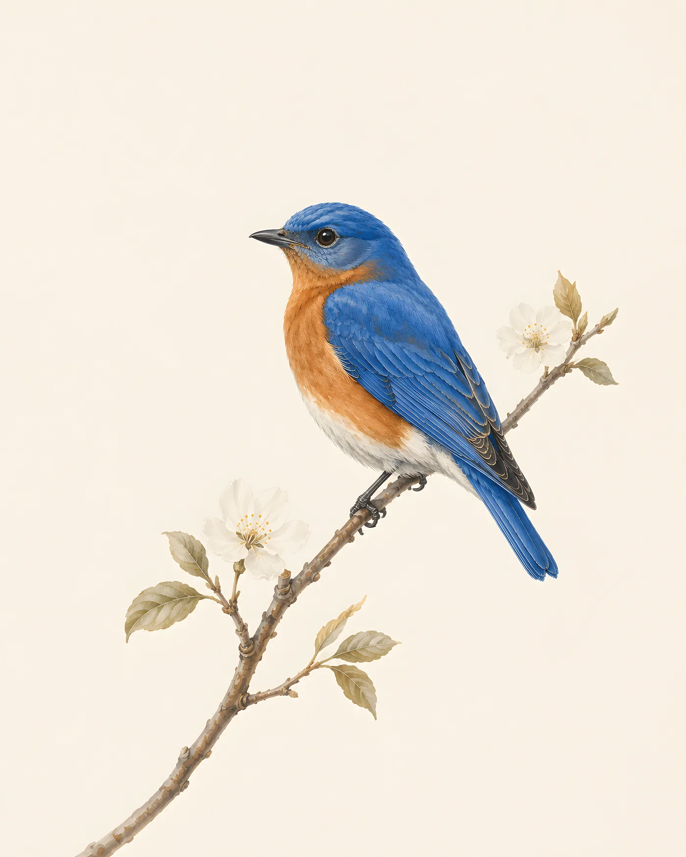 Eastern Bluebird male perched on a weathered fence post in a meadow, autumn goldenrod behind, in the Audubon style