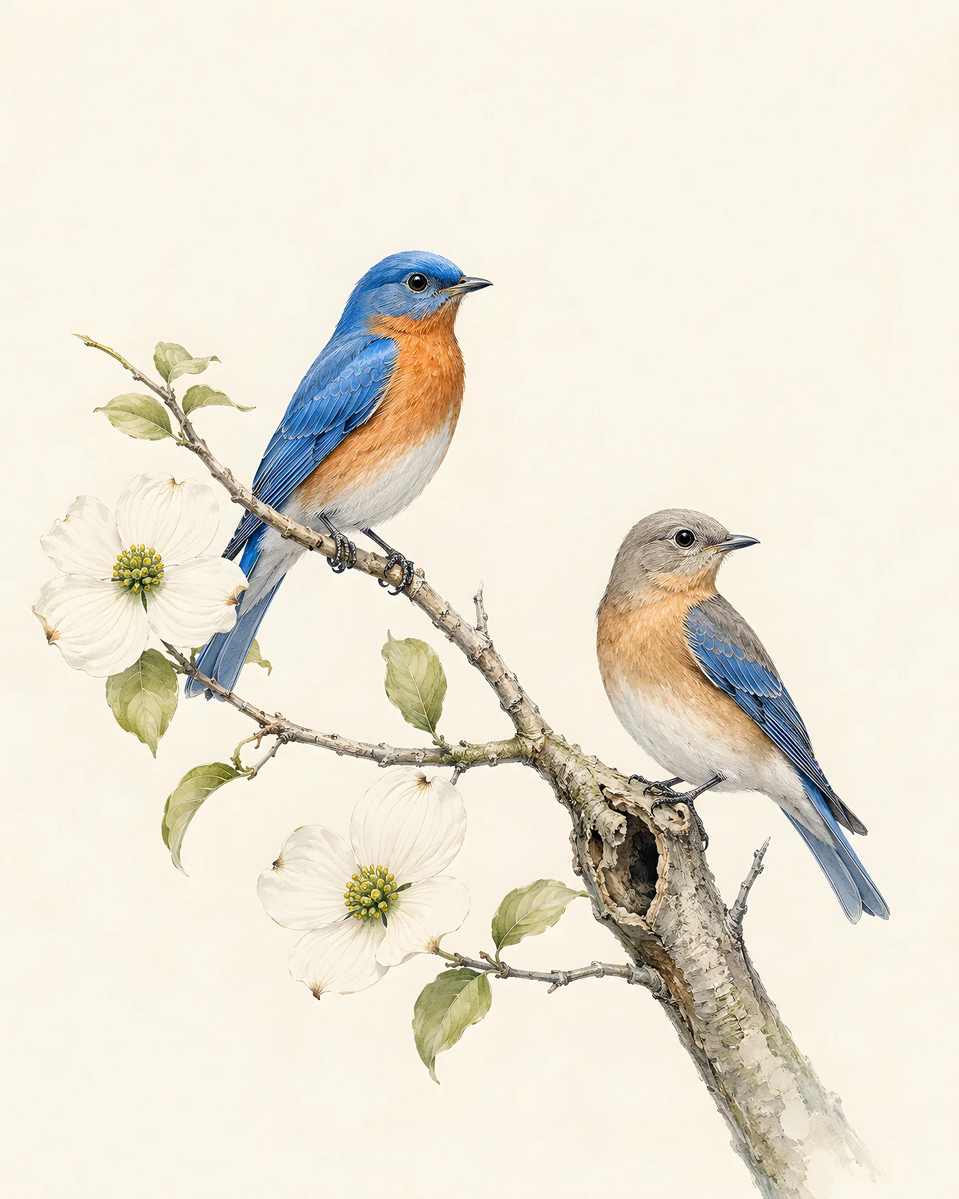 Audubon-style fine-art print of a pair of Eastern Bluebirds at their nest