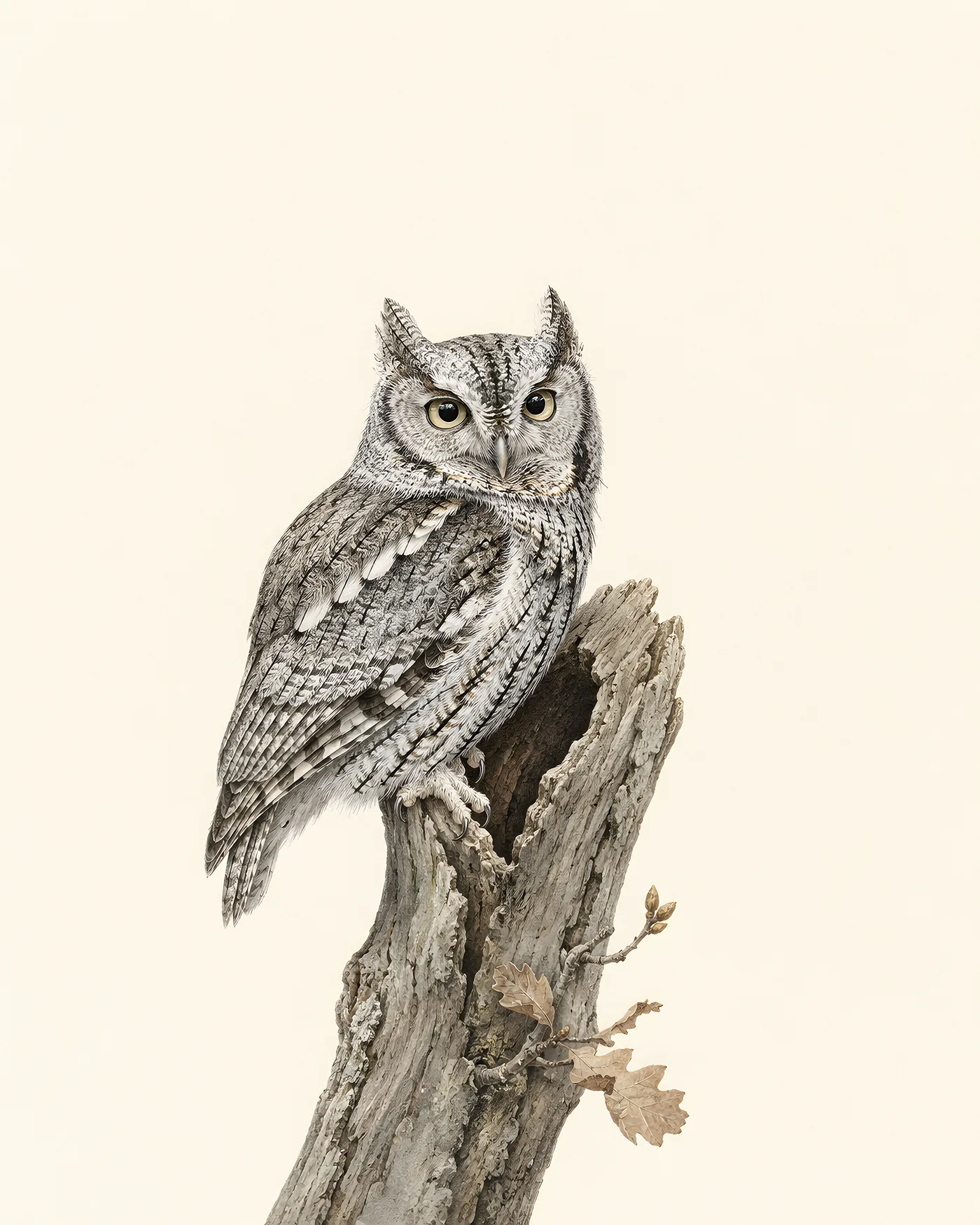 Audubon-style fine-art print of an Eastern Screech-Owl perched on a broken tree snag