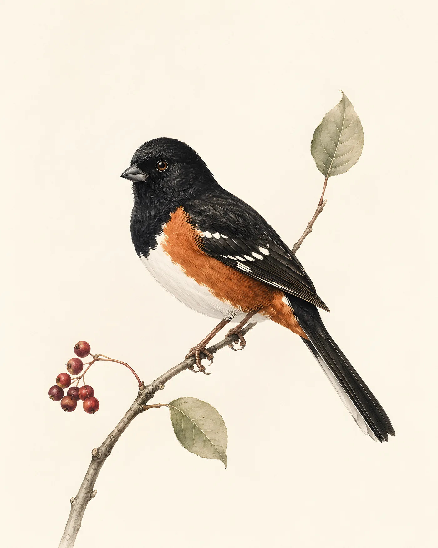 Fine-art print of a male Eastern Towhee with black hood, rufous-orange flanks and white belly in the Audubon style