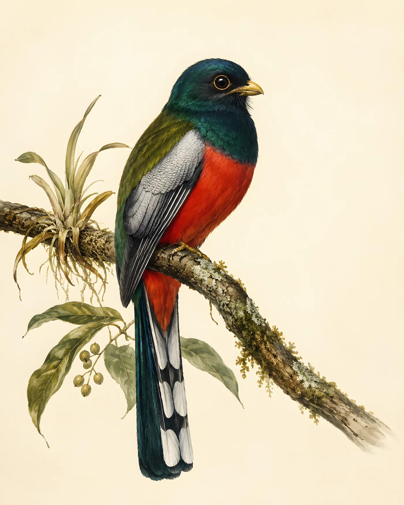 Fine-art print of an Elegant Trogon perched on a branch, coppery green back, red belly and finely barred tail, in the Audubon style