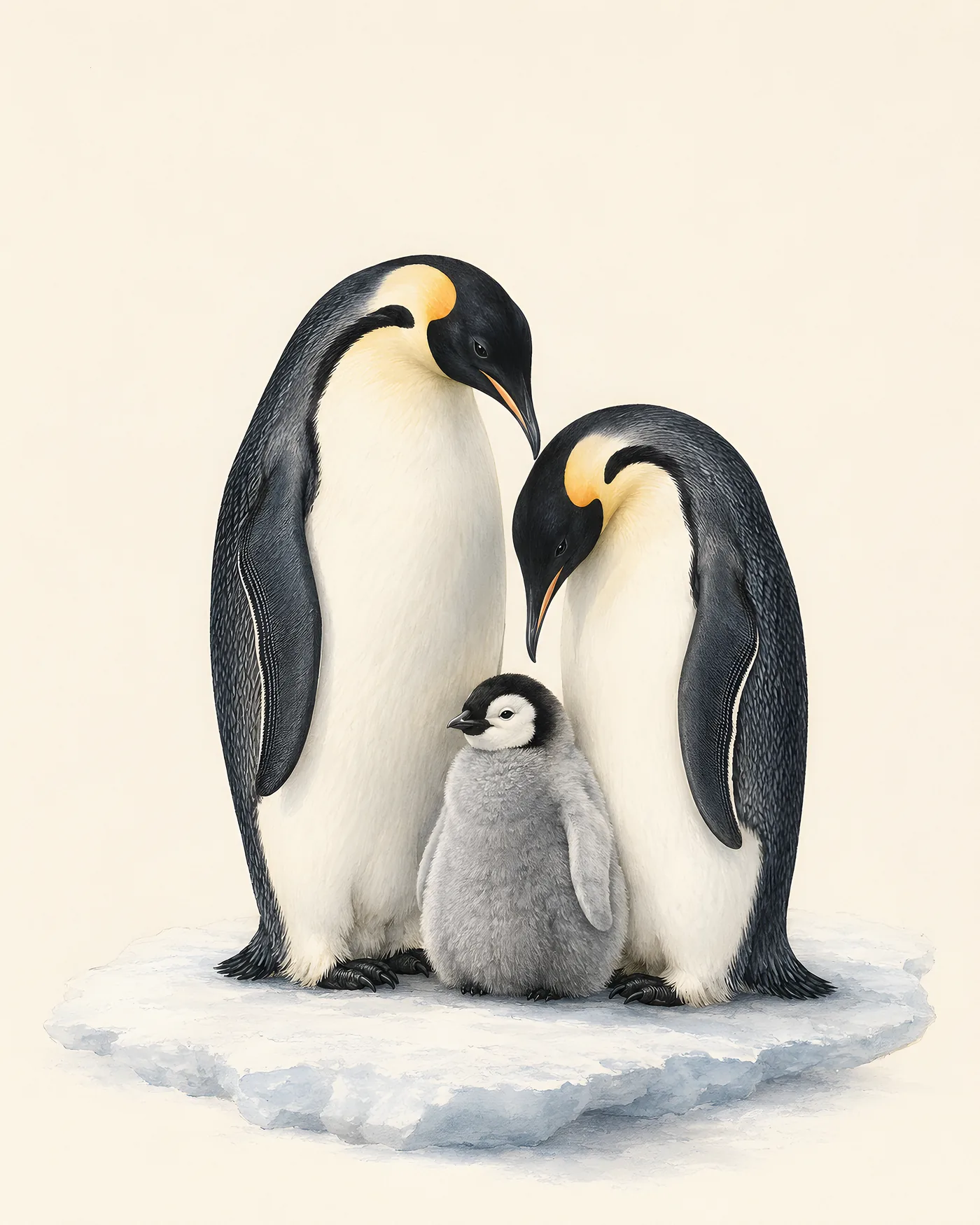 Fine-art print of two adult Emperor Penguins with a grey downy chick between them, golden ear-patches glowing, in the Audubon style