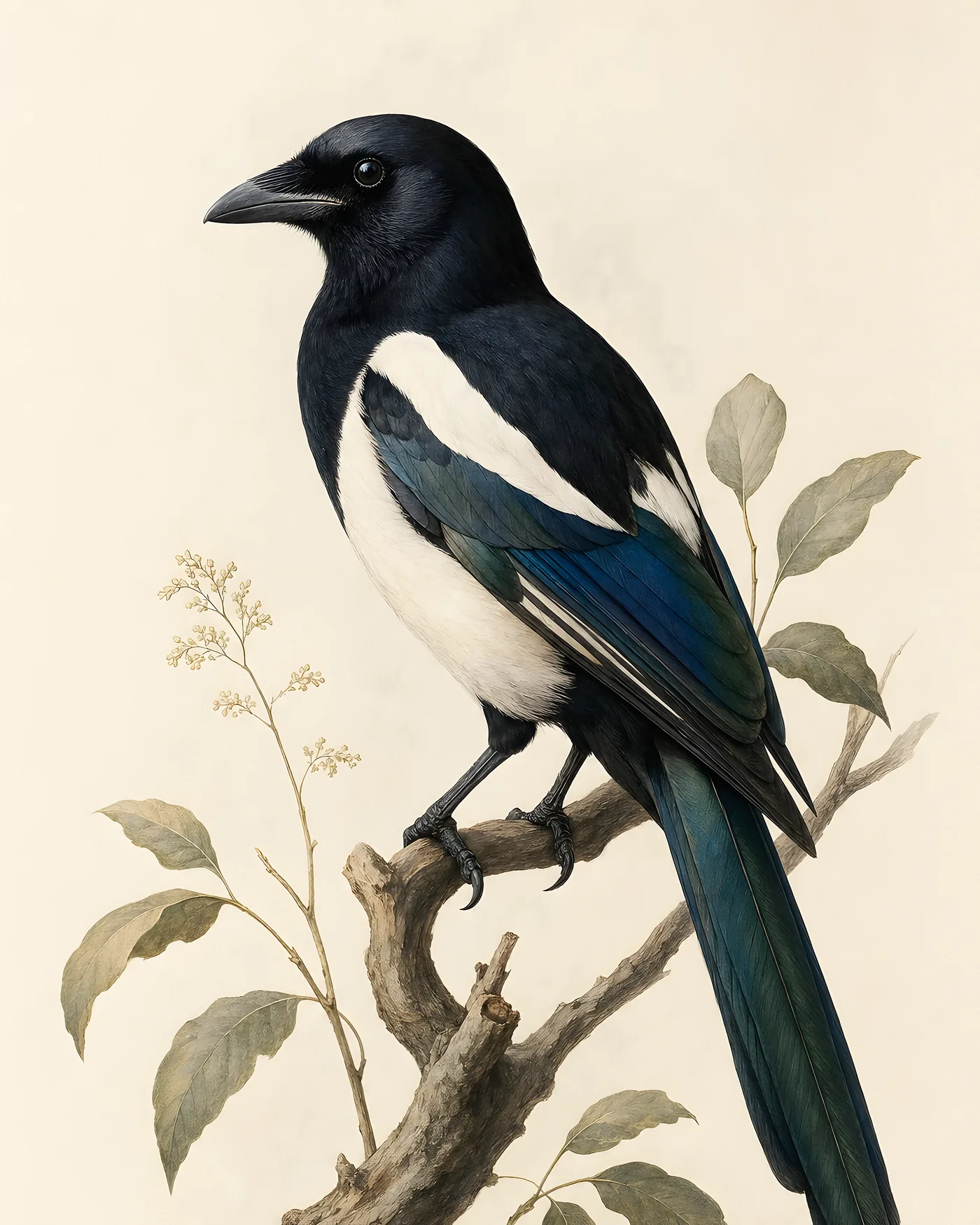 Eurasian Magpie Print on a fence post, black and white with iridescent blue, in a contemporary Audubon-inspired natural-history style