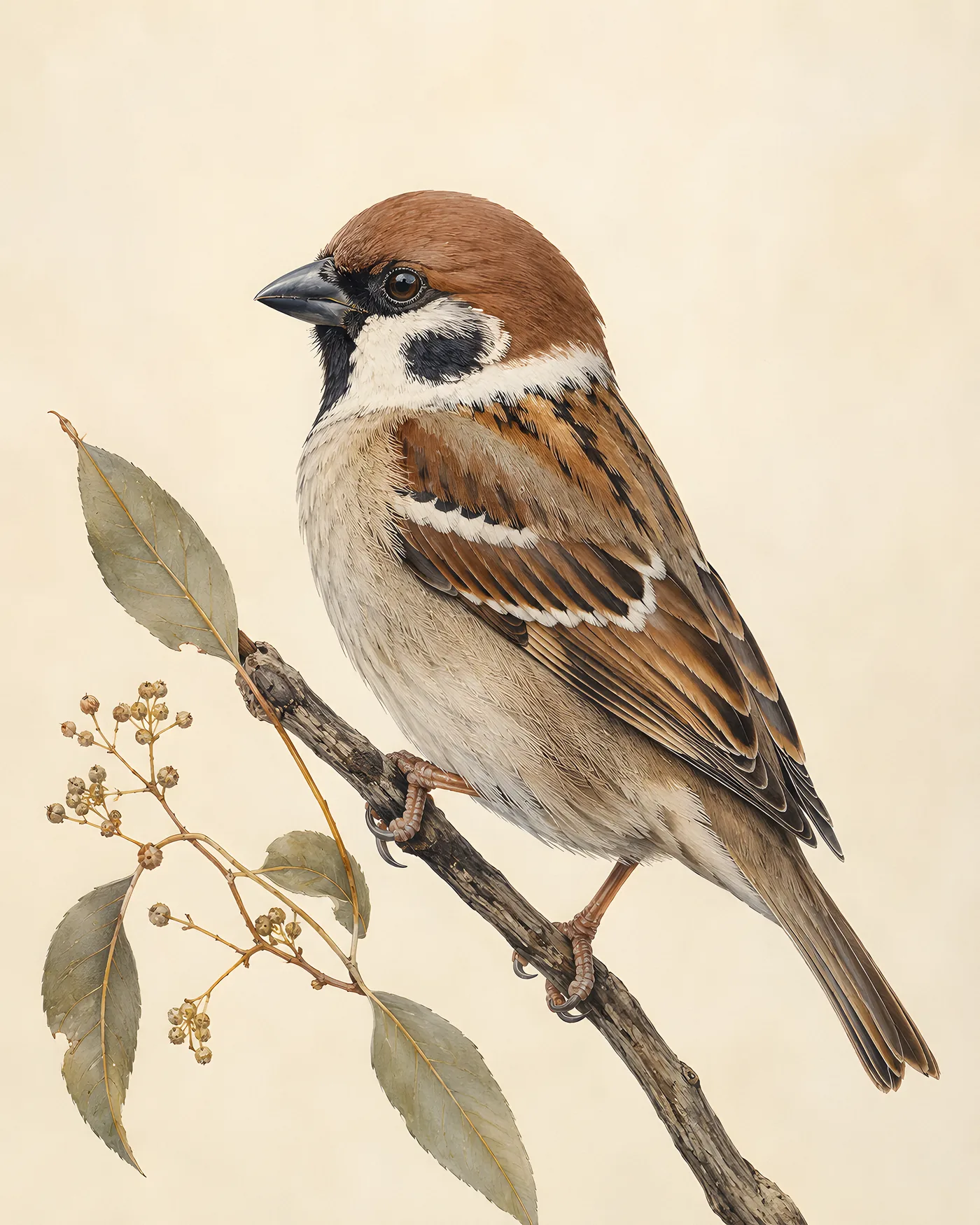 Fine-art Eurasian Tree Sparrow print in a contemporary Audubon-inspired style