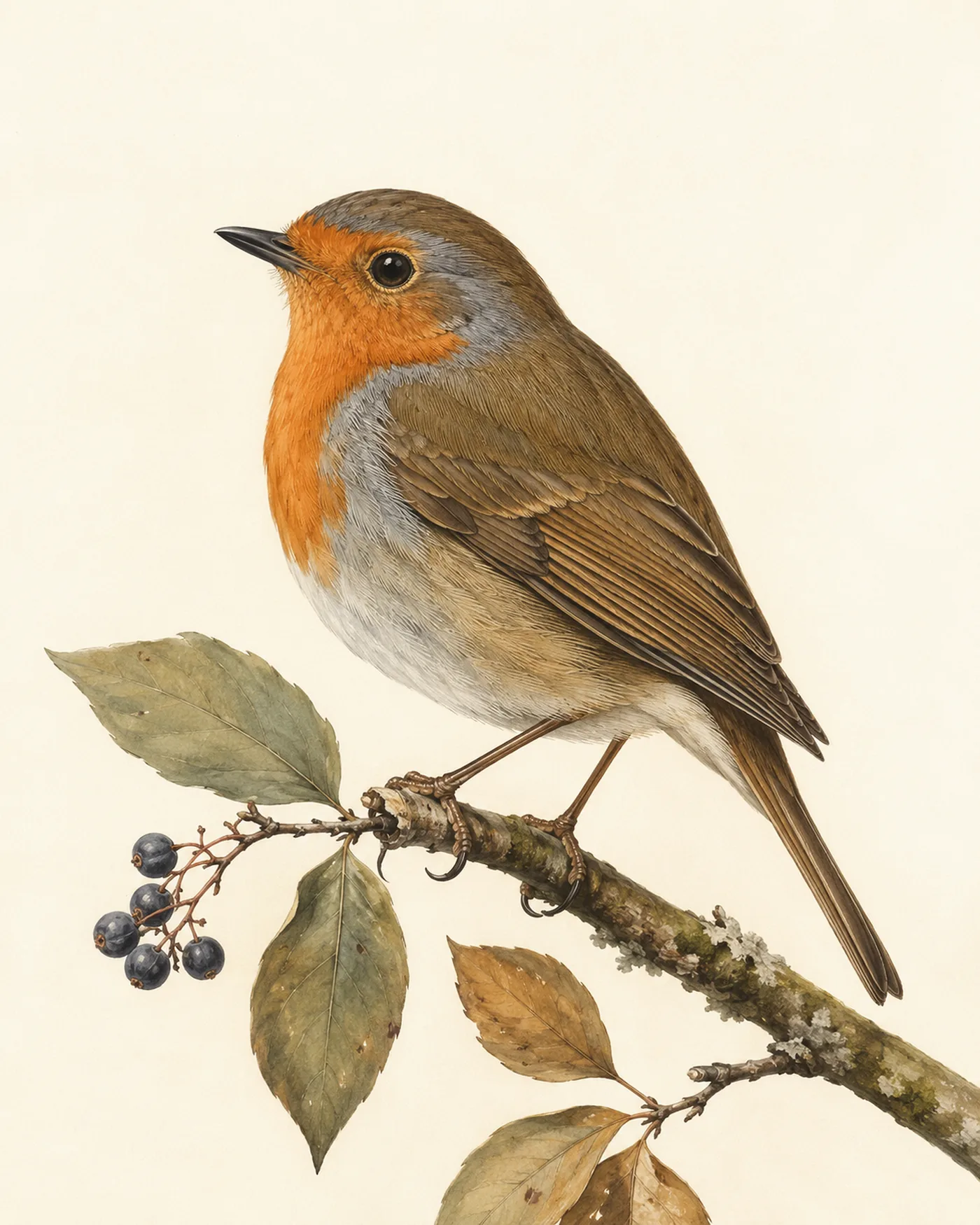 European Robin in three-quarter profile, red breast at full saturation, in the Audubon style
