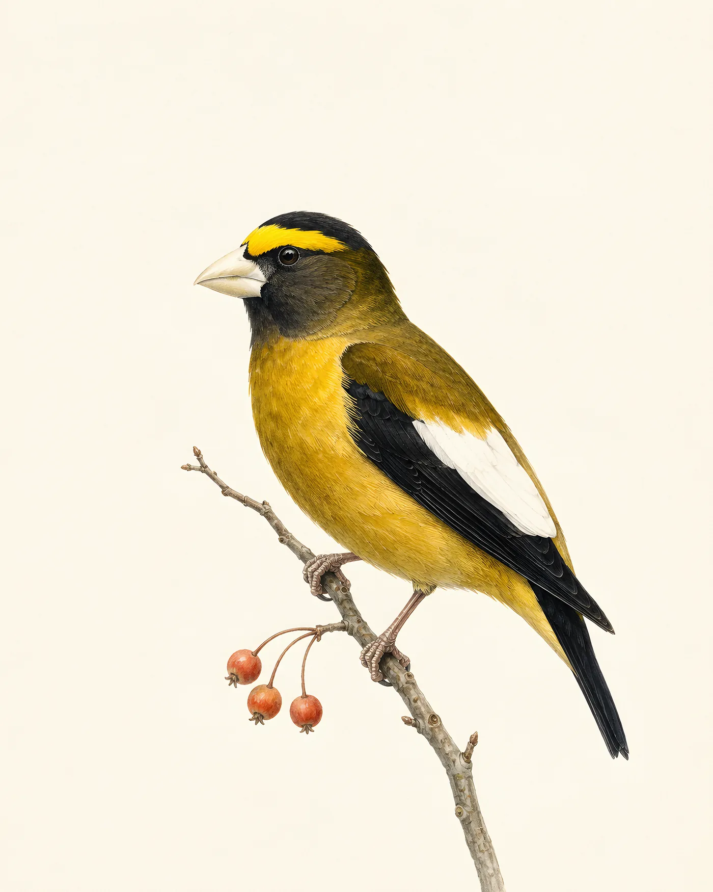 Fine-art plate of a male Evening Grosbeak on a pine branch with berries, heavy pale bill and yellow brow, in the Audubon style