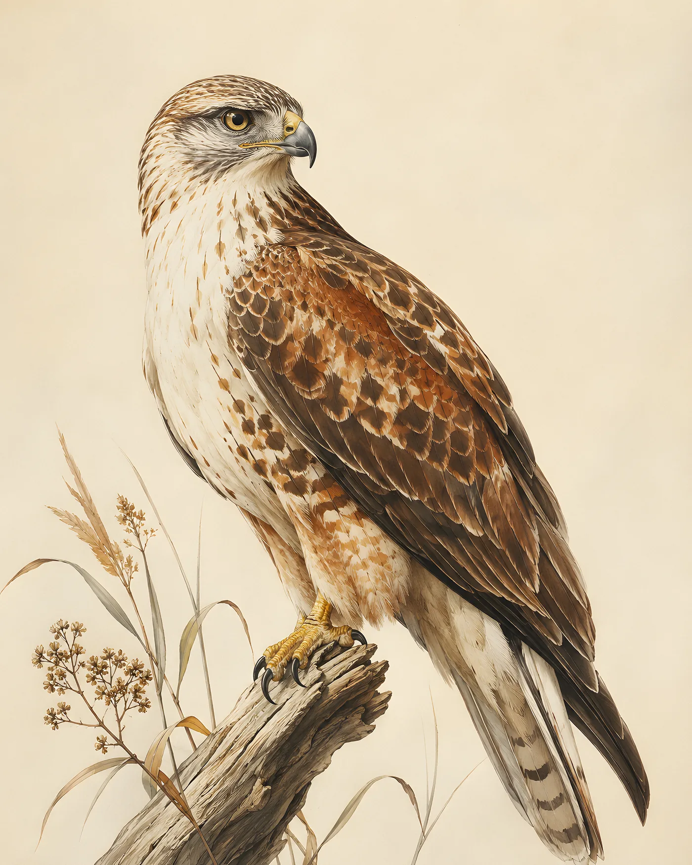 Fine-art Ferruginous Hawk print in the Audubon style
